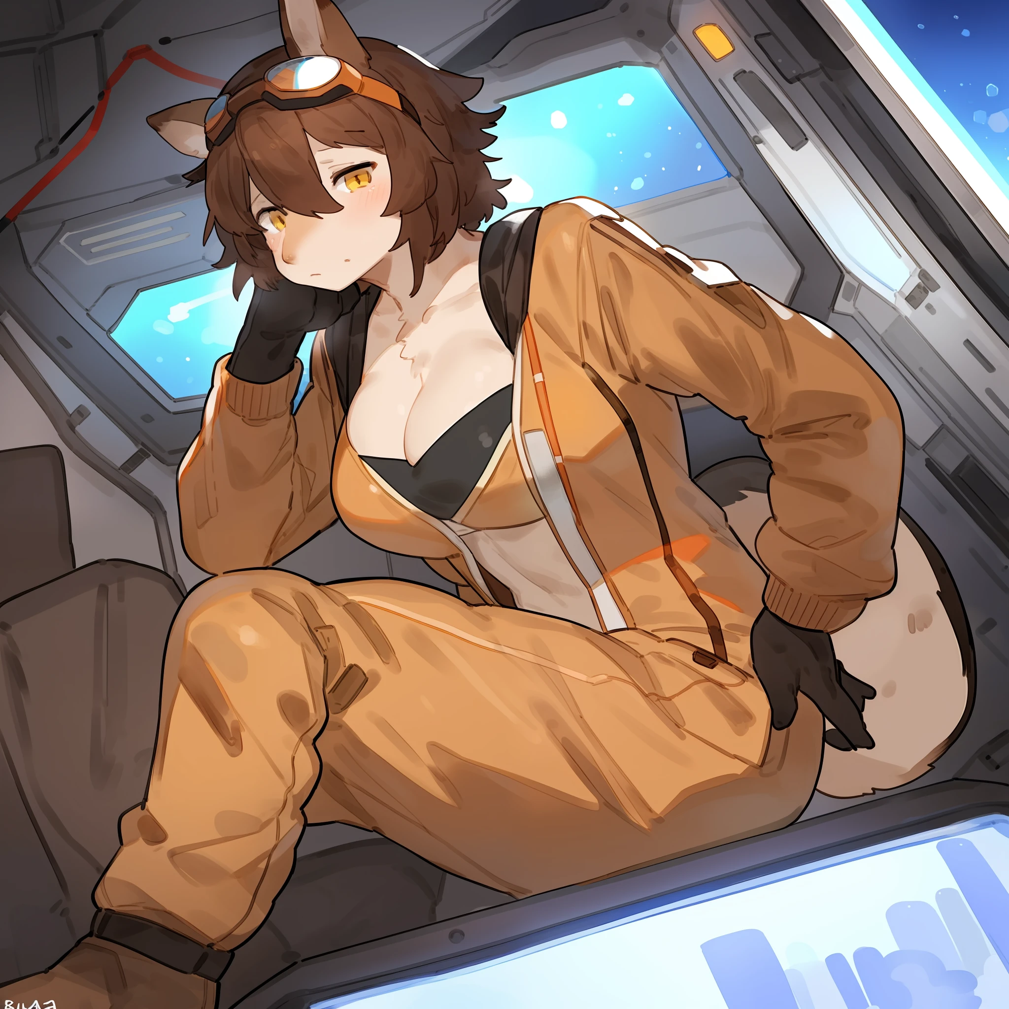 Window, spaceship, space, brown fur, brown body, cleavage, orange jumpsuit, orange spacesuit, yellow eyes, pointy snout, long snout, (((snout))), brown hair, hair, wavy hair, short hair, messy hair, tired eyes, goggles, by bebebebebe, (((by buta99))), by sindoll, by pgm300, by kishibe