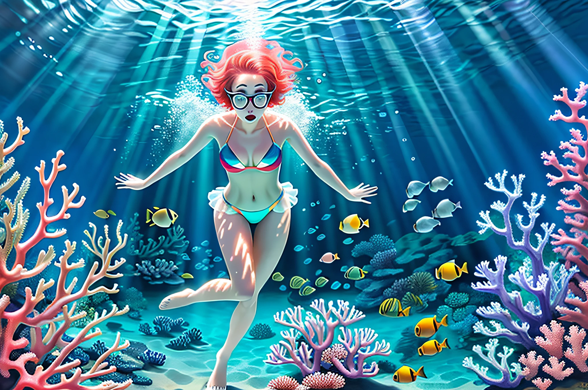 Full body photo taken from the top back of the figure, mature woman, 1girl, short hair, glasses, underwater, sea, digital painting, flat body, arms and hands open, legs open, butt on stilts, rounded feet, taken from above the woman's back, woman's face facing the bottom direction, no face visible, full body photo, soft light, (coral swimming tropical fish), (pale skin: 1.2), swimsuit, analytic art, detail painting, bioluminescence, iridescent colors, octane,