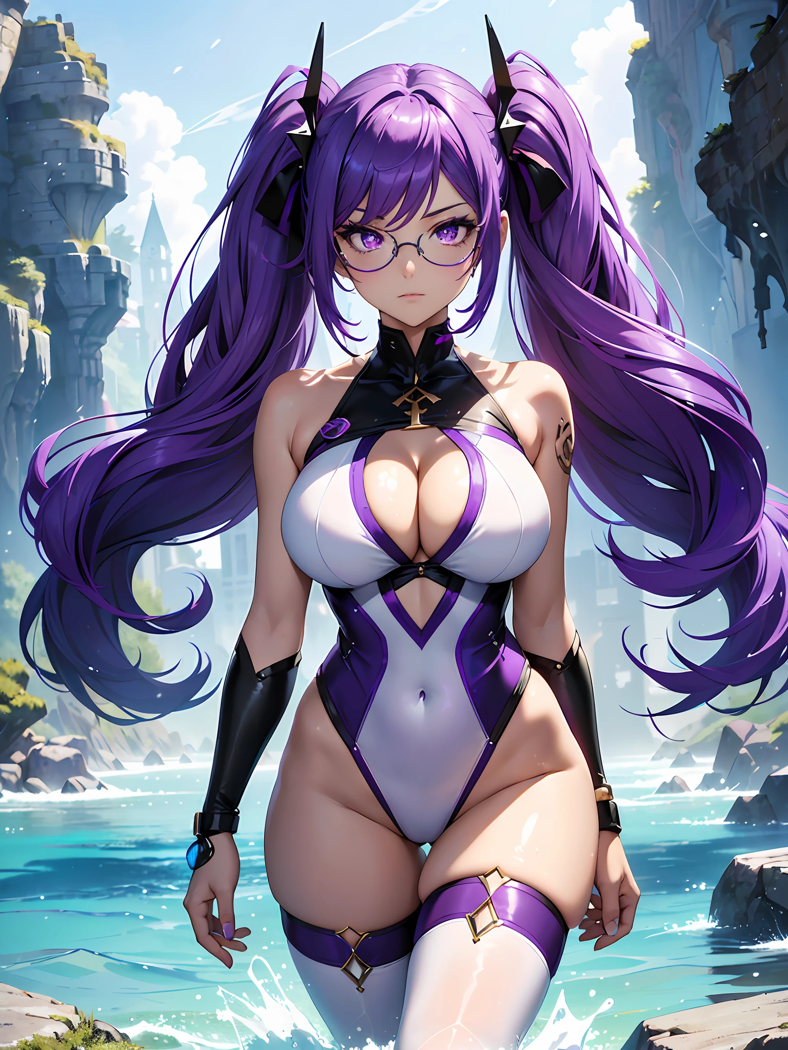 ({best quality}, {{masterpiece}}, {highres}),extremely detailed 8K wallpaper,(single girl),19 years old,mature,curvaceous_body,d_cup_bouncy_breasts,huntress,heroine,hourglass_figure,perspective,beautiful_face,diamond_shaped_face,next to viewer,streamline_outfits,high_quality_outfits,futuristic_outfits,silght_blush,Honkai_Impact_Art,character_splash_art.

 Full detailed face,diamond_shaped face,(vivid,detailed deep purple hair color,full violet hair,indigo hair,pure purple hair,waist-length (flowy twintail),end tied with violet ribbons,glowing hair tips,flowy,detailed,purple bangs)((((purple_hair_color)))),(two strands of glowing violet hair framing face)

((golden eyes:2,white cross-shaped pupil,full detail eyes,relaxed gaze,upturned eyes shape,amber eye shadow,)),golden eyeshadow,(golden swimming goggle glasses,transparent hexagon shaped frames,detailed)

Outfits highlighting body curves
Pure White one piece swimming suit,white corset at belly,aqua v-shaped stripe along sideline,ample cleavage,hex cutout at each side of waists,violet leg bracer around left thigh

Swimming in lake,winter,morning,snowy,snow in background,water on body,body beneath cleavage in water,left hands on hips,calm