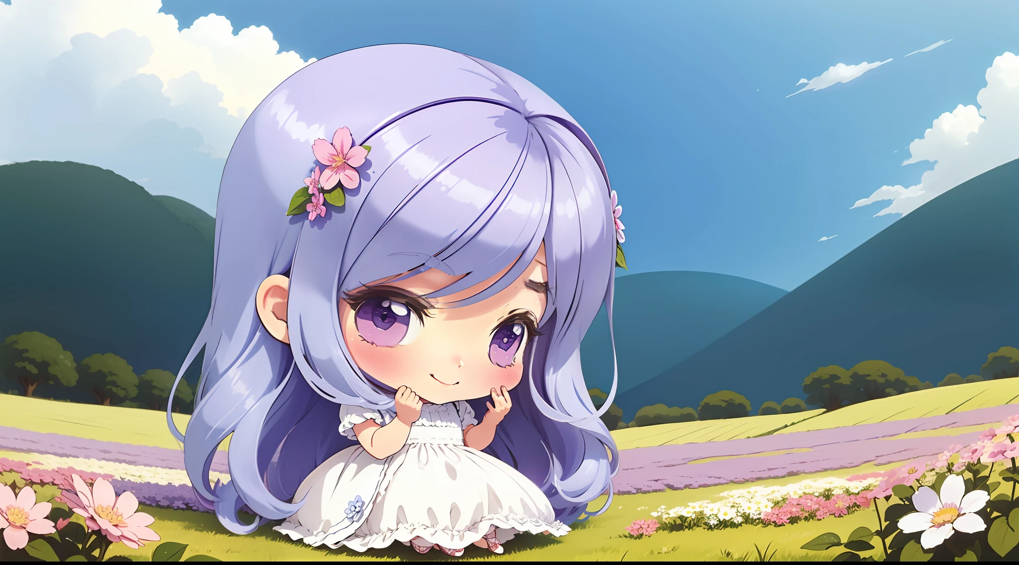 Hair colored with the colors of the rainbow, a shy girl with a shy smile, violet eyes, small chibi, wearing a white dress with blue details, in a flowery field of a spring afternoon. Emphasize the delicacy and softness of the image. (chibi, girl, flowery field, spring afternoon, smile, white dress, colored hair)