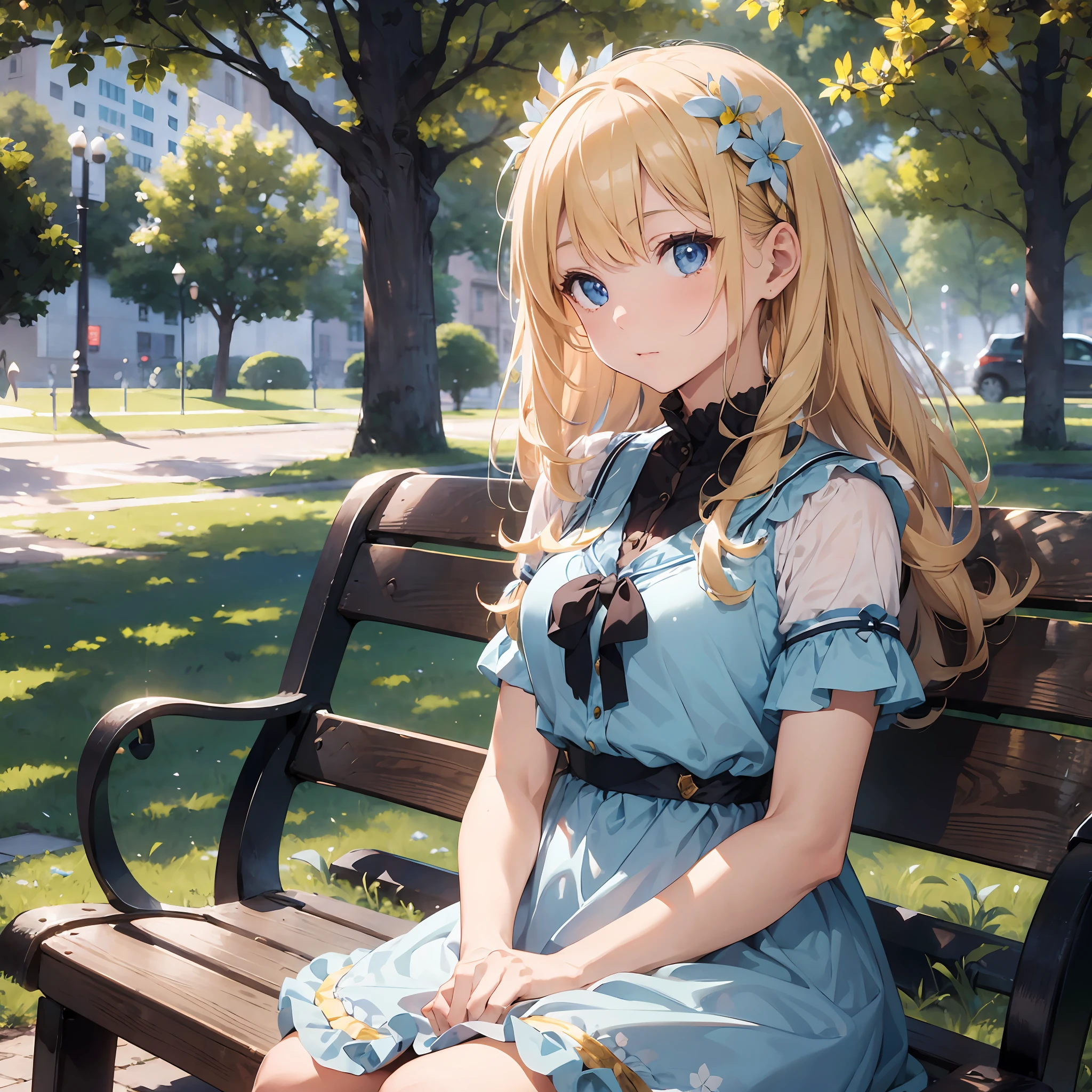 1girl, (solo:1.2), ((masterpiece)), slim, pale skin, ((detailed eyes)), (bokeh effect), (dynamic angle), A girl with long, curly blonde hair, a small nose, and bright blue eyes. She's wearing a flowy, yellow sundress and sitting on a bench in a park at night. The moon is full and casting a soft, ethereal glow on the scene.