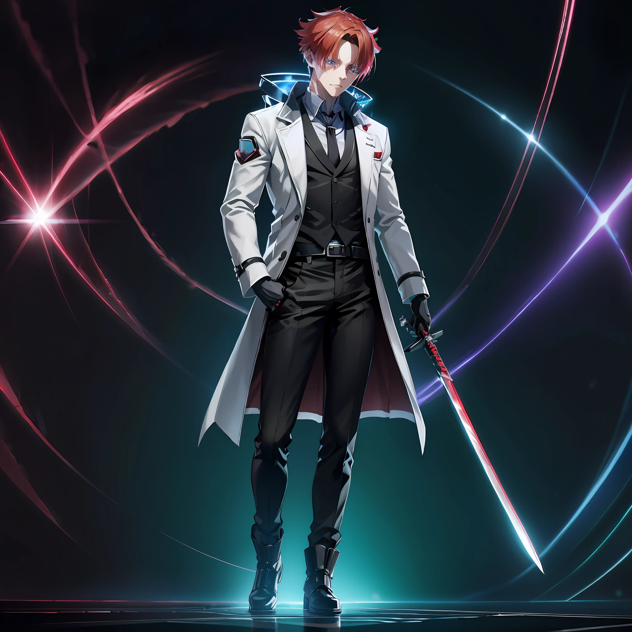 1 Male anime character, red hair, wearing high-tech black gloves, High-Tech, Heterochromia, Blue eyes, green eyes, handsome, sharp, psychopath smile, Senku Ishigami Hairstyle, wearing white scientist coat, black high-tech coat inside, holding a mechanical high-tech crystal, high-tech background, red, black, circuit board, full body shot, black pants, dark High-tech boots, innocent looking, hologram background, JARVIS, anime 8k, HD, portrait, solo, holding katana, High-tech katana, bright crimson red, splash vfx, --auto --s2