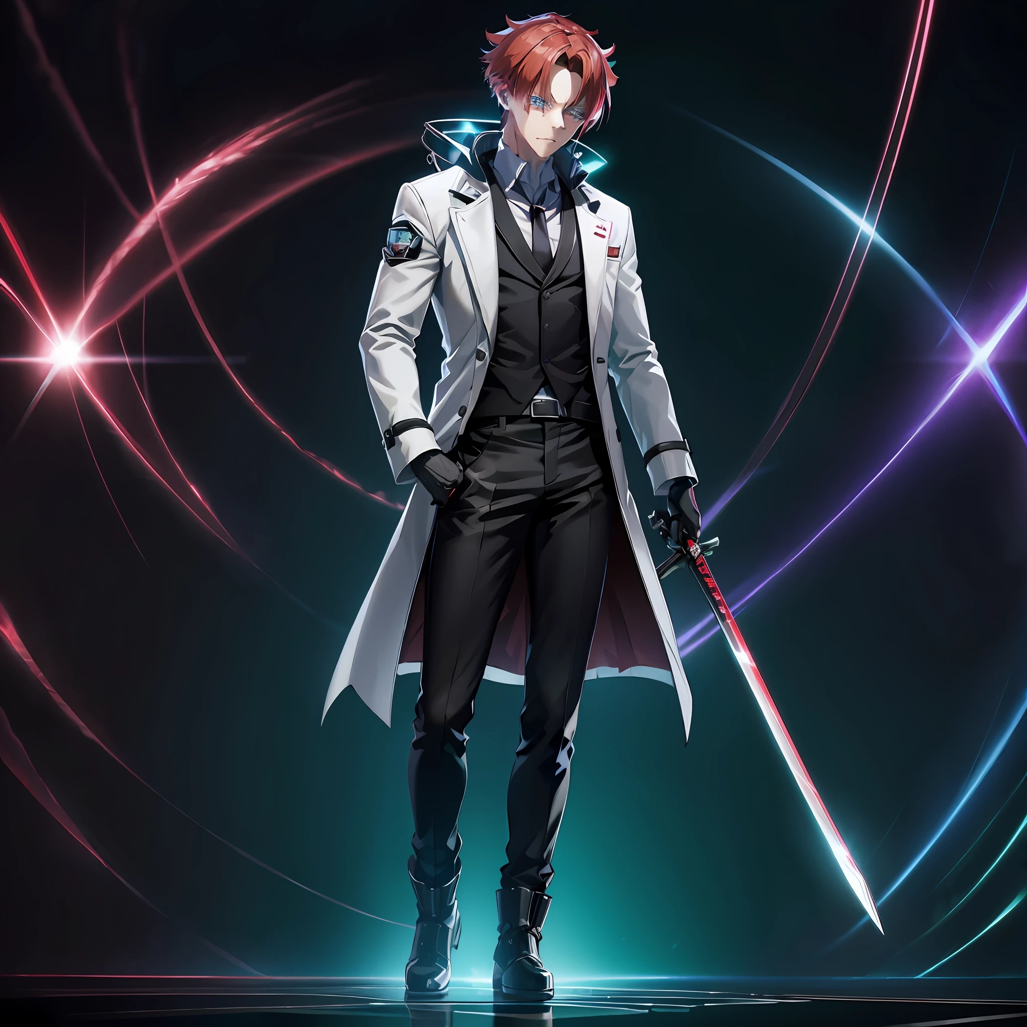 1 Male anime character, red hair, wearing high-tech black gloves, High-Tech, Heterochromia, Blue eyes, green eyes, handsome, sharp, psychopath smile, Senku Ishigami Hairstyle, wearing white scientist coat, black high-tech coat inside, holding a mechanical high-tech crystal, high-tech background, red, black, circuit board, full body shot, black pants, dark High-tech boots, innocent looking, hologram background, JARVIS, anime 8k, HD, portrait, solo, holding katana, High-tech katana, bright crimson red, splash vfx, --auto --s2