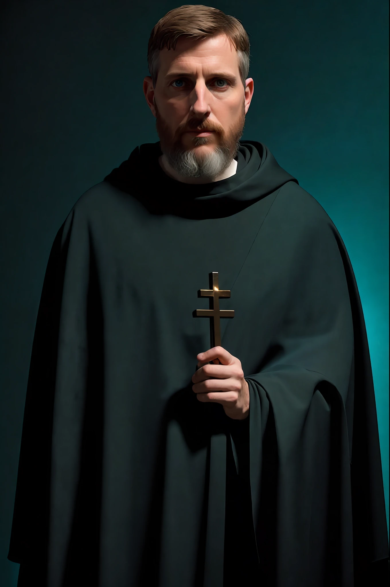 Portrait of St. Francis of Assisi posing in a dark studio, (rim lighting,: 1.4) two-tone lighting, sharp focus, teal hue, octane, unreal, dimly lit, low key,