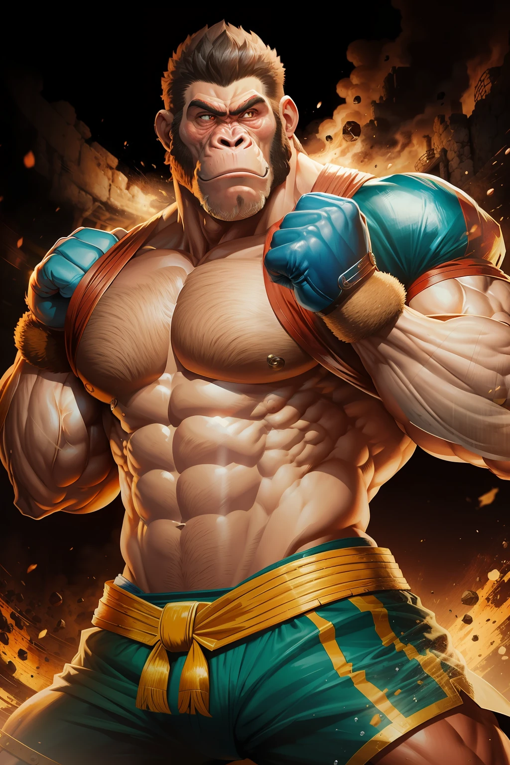 Strong man, muscles to sample with monkey head, in a fighting arena --auto --s2