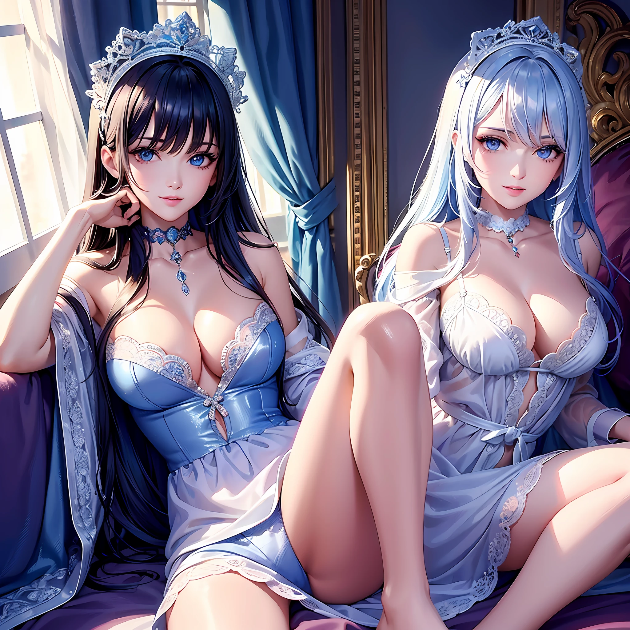 Illustration, cinematic light, high resolution, best quality, super detailed, detailed face, (detailed eyes), highest quality, super detailed, masterpiece, (detailed face), pretty face, best smile, sexy mature woman sneezing (pajamas: 1.5), ultra detailed embroidery, choker, NSFW, blue eyes, neon small shiny hair edges, D cup, cleavage, AI fantasy super luxurious room: 5, Sparkling interior with neon details, (on a cute bed: 1.15), (sit-in: 15), (through a window), light reflection, heart-shaped iris, playful eyes, open shoulders, hair jewelry, panties, cute panties: 1.5, import