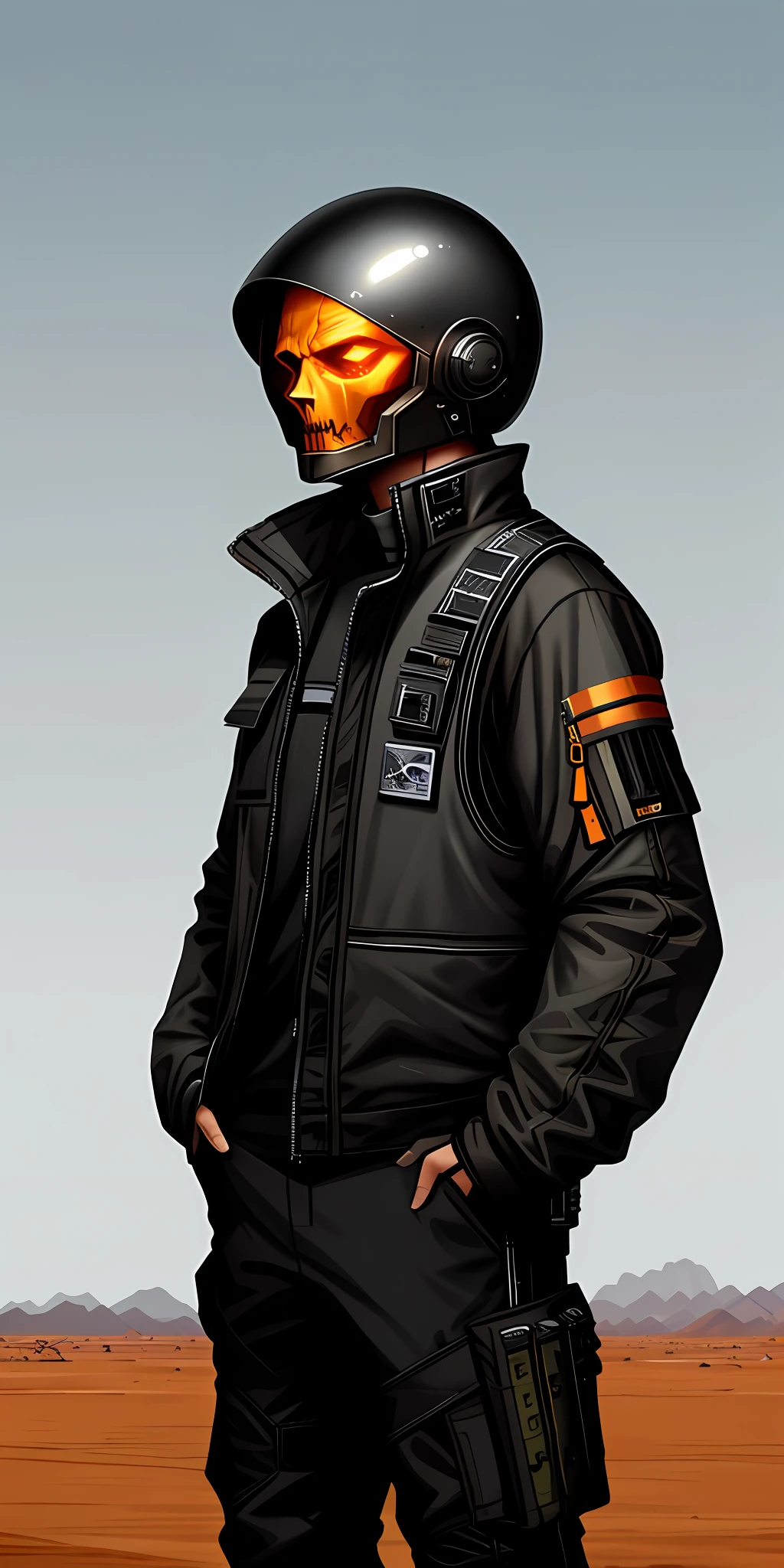 there is a man in a helmet, pumpkin helmet, halloween head and a coat standing in the desert, techwear look and clothes, wearing space techwear, future techwear, model is wearing techtical vest, techwear clothes, futuristic techwear, techwear fashion, techwear, wearing techwear and armor, focus on anti-g flight suit, wearing urban techwear, wojtek fus, portrait