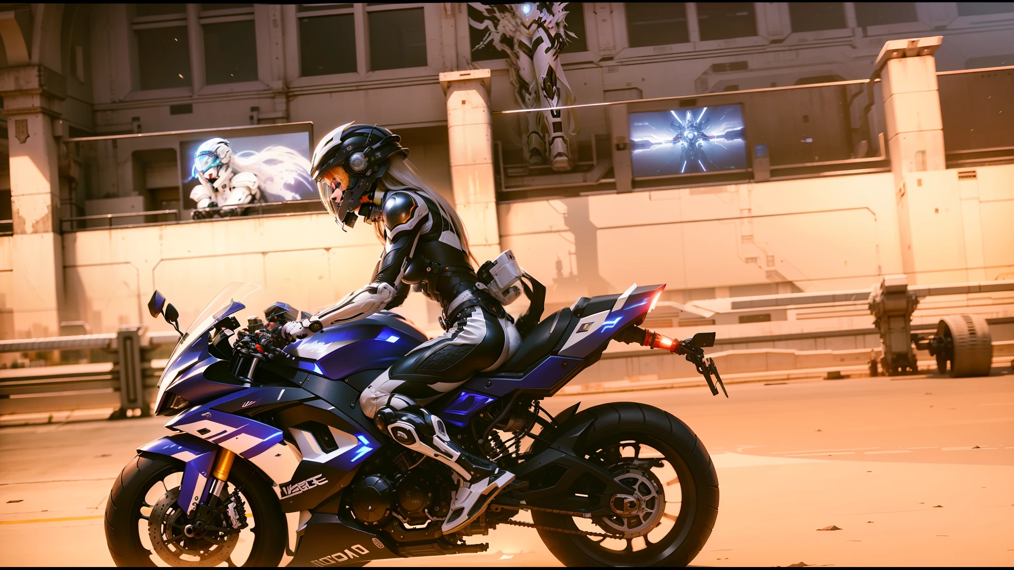 White clothes and pants, white flowing long hair, sexy cyber warrior and cyber mechanical motorcycle, exquisite high-tech armor all over the body, exquisite black tech helmet, Nousr, biomechanics, MSHN robot man, high-tech helmet, surreal, steel, intricate design, crazy details, fine details, extremely clear lines, cinematic lighting, photo realism, detailed masterpiece
