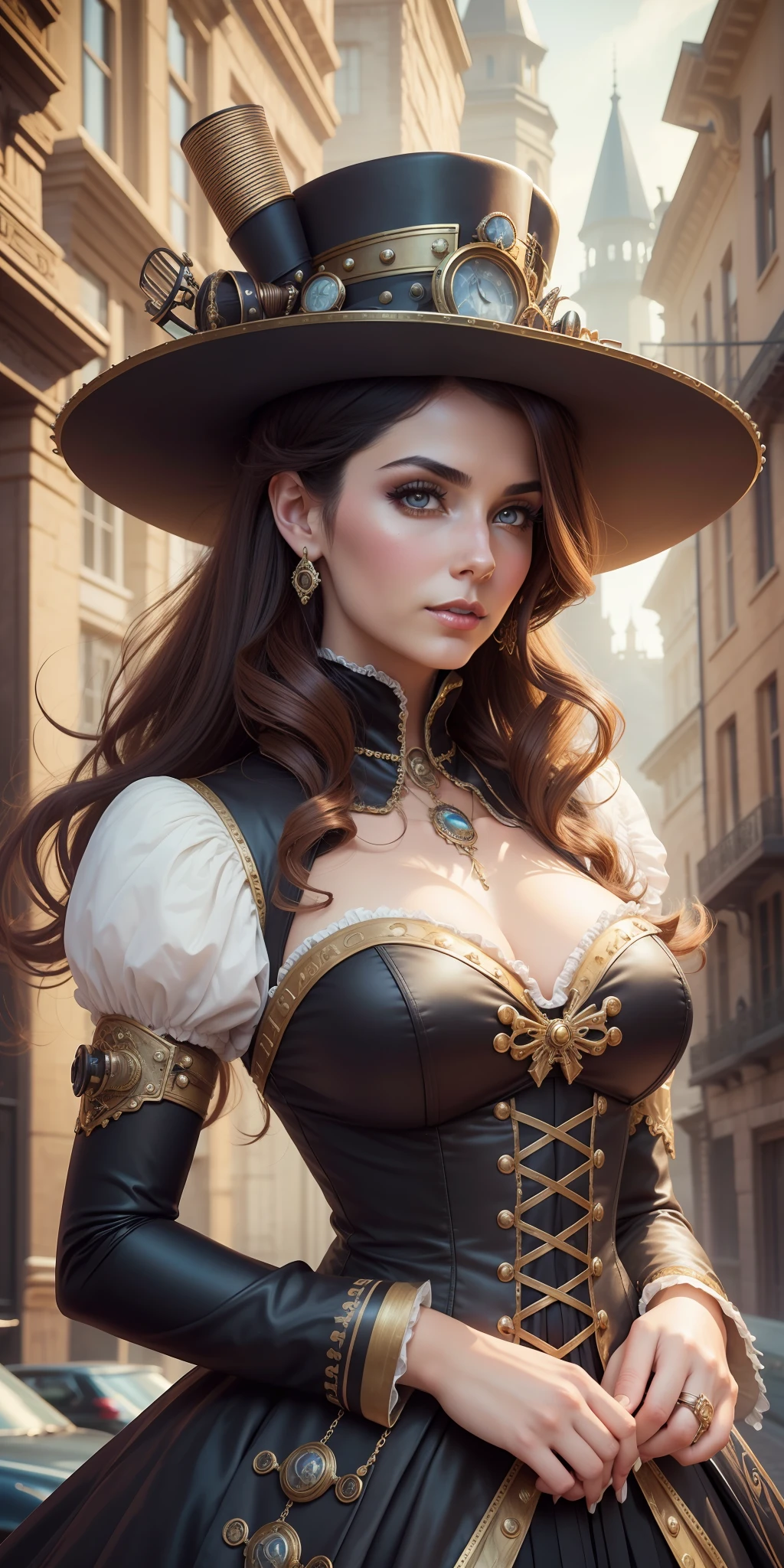 Best possible quality, high resolution 8k, close-up,the most Beautiful woman with a dress and hat walking down the street, tanned skin, fine hat, elegant,Victorian fantasy art, Victorian inspired science fiction, steampunk fantasy style, steampunk fantasy, Miss Aniela, Victorian lady, Victorian city, Victorian style costume, intricate Victorian dress, Victorian inspired clothing,  League holder, fine art fashion photography, steampunk fiction, steampunk aesthetic, fantasy genre portrait, fine art fashion magazine style