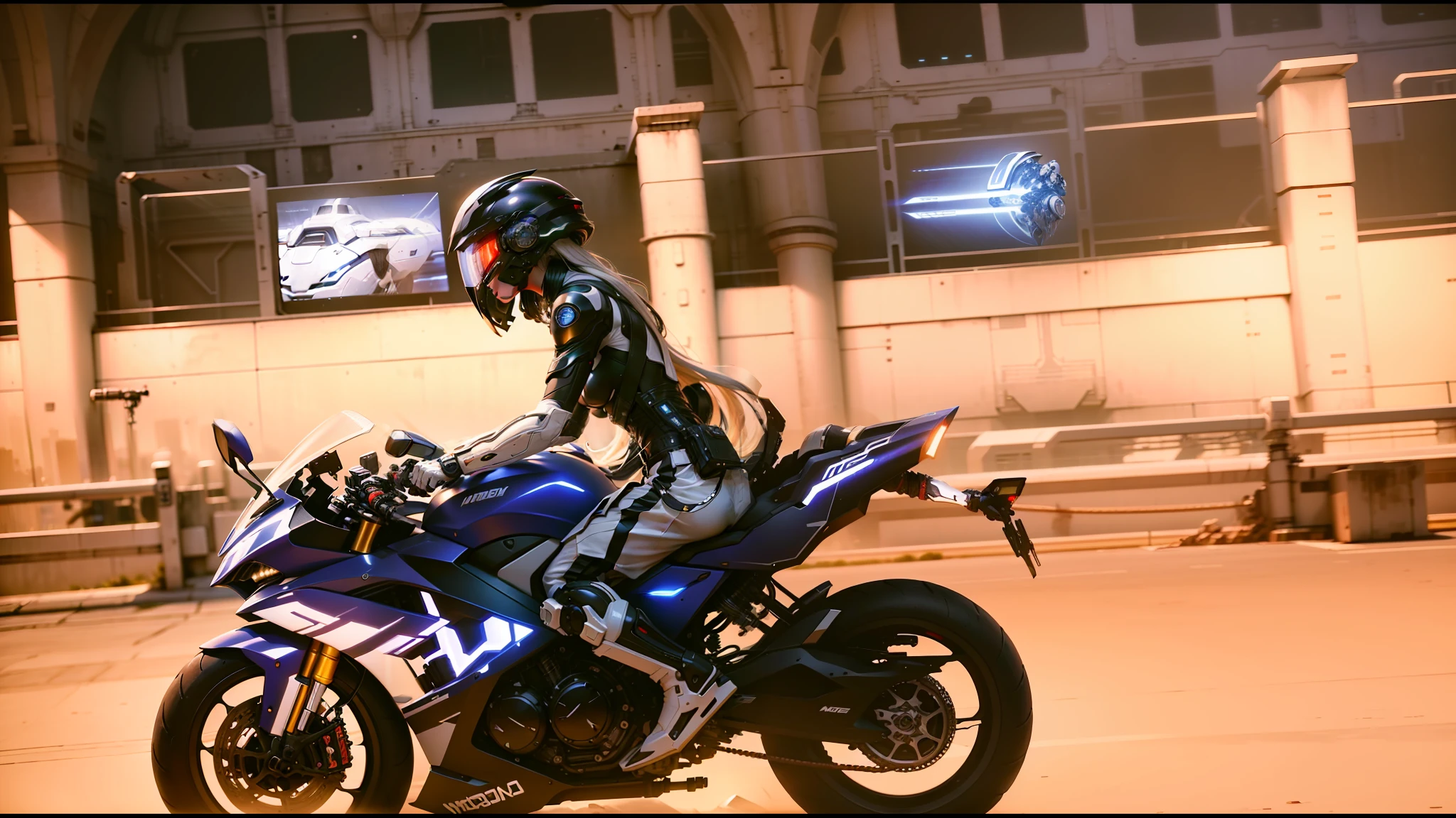 White clothes and pants, white flowing long hair, sexy cyber warrior and cyber mechanical motorcycle, exquisite high-tech armor all over the body, exquisite black tech helmet, Nousr, biomechanics, MSHN robot man, high-tech helmet, surreal, steel, intricate design, crazy details, fine details, extremely clear lines, cinematic lighting, photo realism, detailed masterpiece