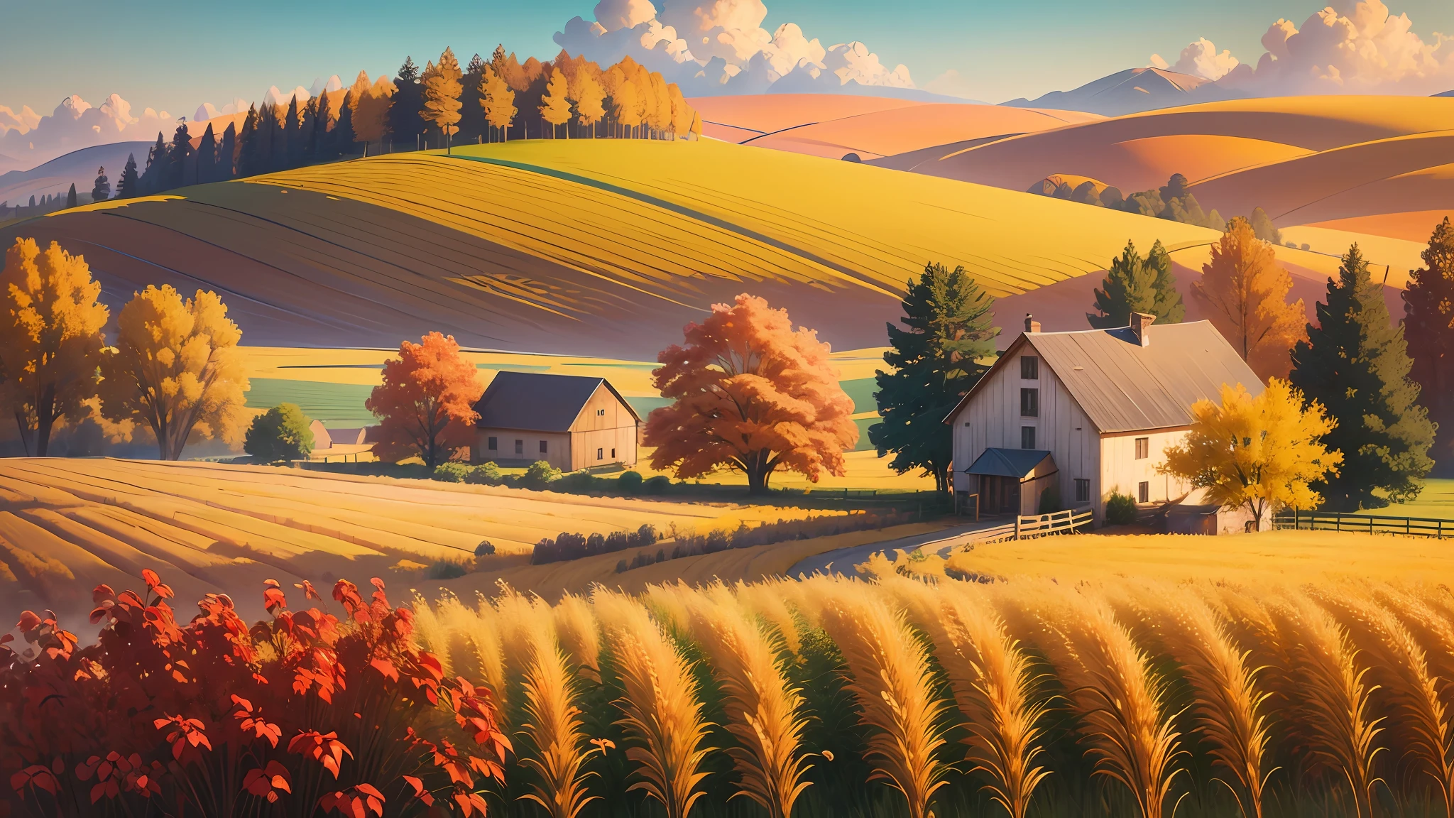 Description: Combine the beauty of matte painting and impressionism to portray a rustic country landscape during harvest season. Picture sun-kissed fields stretching towards the horizon, filled with golden wheat ready for harvest. Paint vibrant, textured strokes to capture the essence of impressionism, enhancing the image with matte painting techniques to depict a working farmstead in the distance. Add touches of warm autumn colors to evoke a cozy and inviting atmosphere --auto --s2