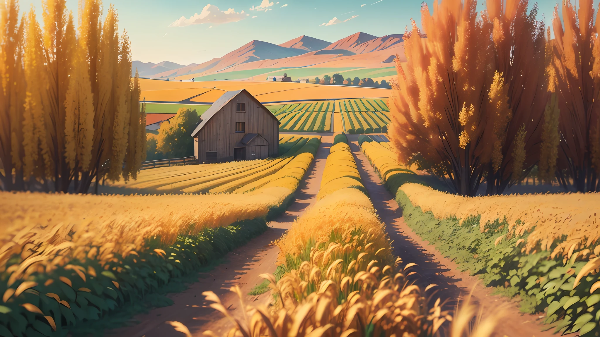 Description: Combine the beauty of matte painting and impressionism to portray a rustic country landscape during harvest season. Picture sun-kissed fields stretching towards the horizon, filled with golden wheat ready for harvest. Paint vibrant, textured strokes to capture the essence of impressionism, enhancing the image with matte painting techniques to depict a working farmstead in the distance. Add touches of warm autumn colors to evoke a cozy and inviting atmosphere --auto --s2