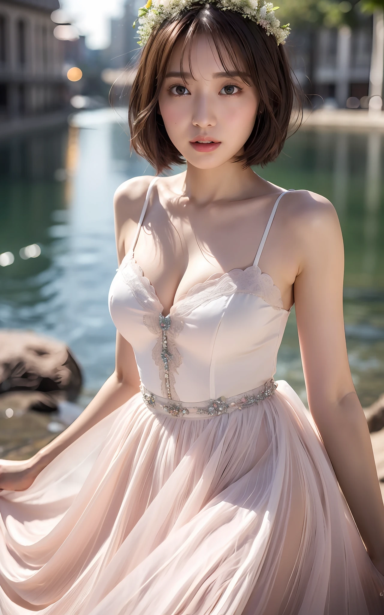 Highly detailed CG Unity 8k wallpaper, top quality, super detailed, masterpiece, realistic, photorealistic, very detailed cute girl, (25 years old), blush, round eyes, (bob cut), semi-body shot, (white wedding dress), armpit focus, lake