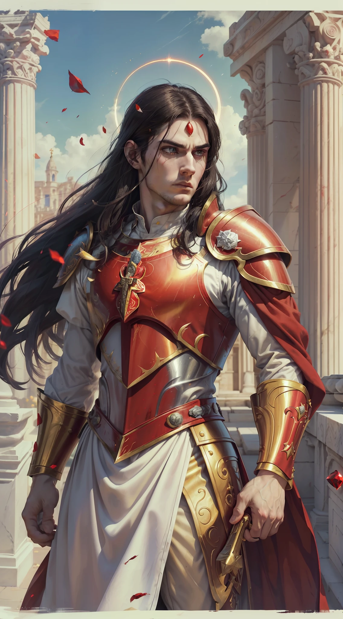 A young man, (((solo))), (25 years old, pale skin, tall, pale skin, round face, square jaw, serene look, completely red eyes, long black hair with bangs: 1.50, thick eyebrow, straight face), (he has a small red jewel in the middle of his forehead: 1.30) (he is a holy paladin, wears a costume of noble red and white long fabric, with golden plate armor, halo), (he is bleeding, with his fist on his chest beating continence, with a rosary in hand, in an ancient city, with white marble structures, with a rose garden in the background, blue sky, closeup, medieval fantasy), (he conjures a red energy around him)