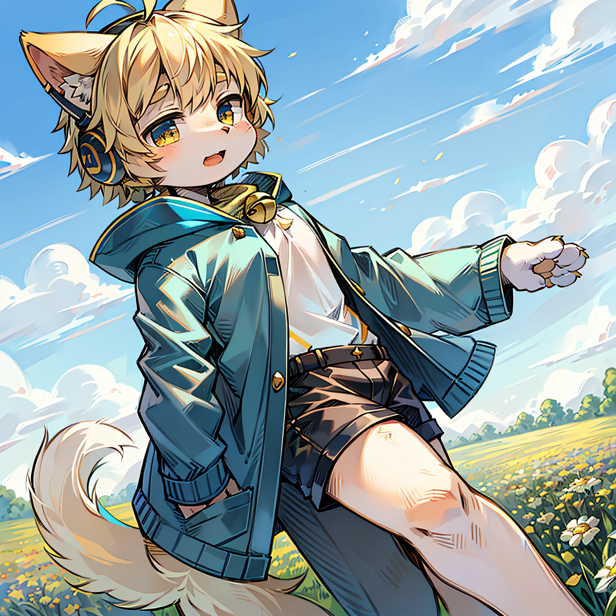 field, garden, band-aid, short hair, blonde, ahoge, bell, headphones, lower body, child, furry, cat ears, open mouth, cloud, sky, in summer, no spots, cubs, yellow fur everywhere, cat ears, cat type, big fluffy tail, masterpiece, high-quality portrait, human figure, cub, beard, solo child boy, wind, pose, full shot, sky blue coat, gray shorts, yellow scarf, white shirt, super cute face, Furry paws
