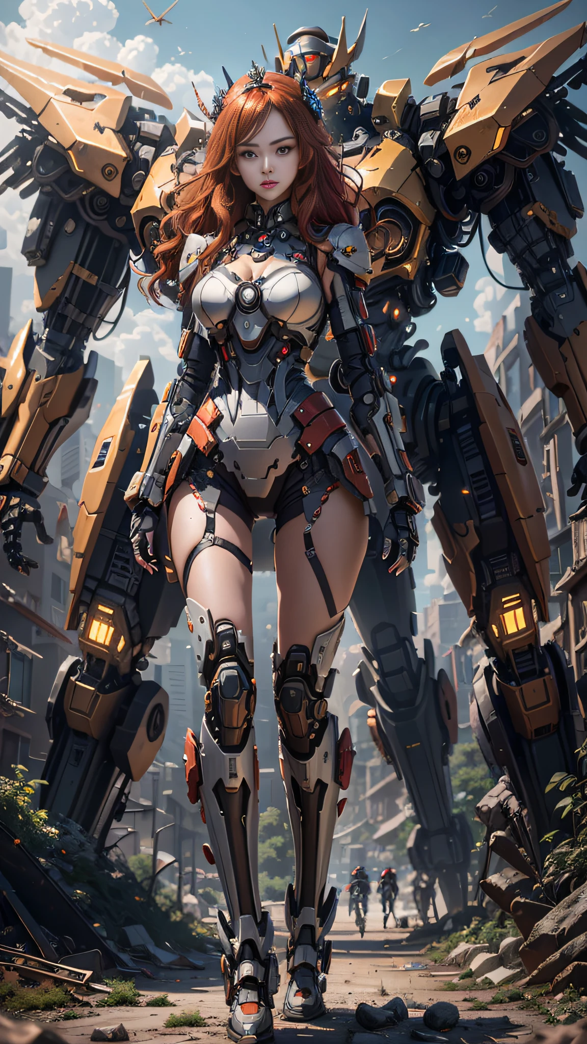 ((Best Quality)), ((Masterpiece)), (Very Detailed: 1.3), 3D, Shitu-mecha, Beautiful cyberpunk woman wearing crown with her red and blue mecha in ruins of a forgotten war city, long red hair, sci-fi technology, HDR (High Dynamic Range), ray tracing, nvidia RTX, super resolution, unreal 5, subsurface scattering, PBR texture, post-processing, anisotropic filtering, depth of field, maximum sharpness and sharpness,  multi-layer texture, specular and albedo mapping, surface shading, precise simulation of light-material interactions, perfect proportions, octane rendering, duotone lighting, low ISO, white balance, rule of thirds, wide aperture, 8K RAW, high efficiency subpixels, subpixel convolution, light particles, light scattering, Tyndall effect, very sexy, full body, battle pose,