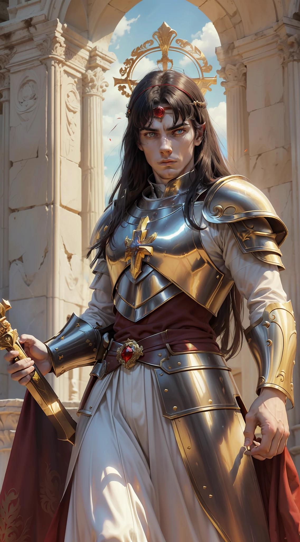 A young man, (((solo))), (25 years old, pale skin, tall, pale skin, round face, square jaw, serene look, completely red eyes, long black hair with bangs: 1.50, thick eyebrow, straight face), (he has a small red jewel in the middle of his forehead: 1.30) (he is a holy paladin, wears a costume of noble red and white long fabric, with golden plate armor, halo), (he is bleeding, arriving victorious with a serious and imposing look, with a rosary in hand, in an ancient city, with white marble structures, with a rose garden in the background, blue sky, closeup, medieval fantasy), there are several beautiful women around him