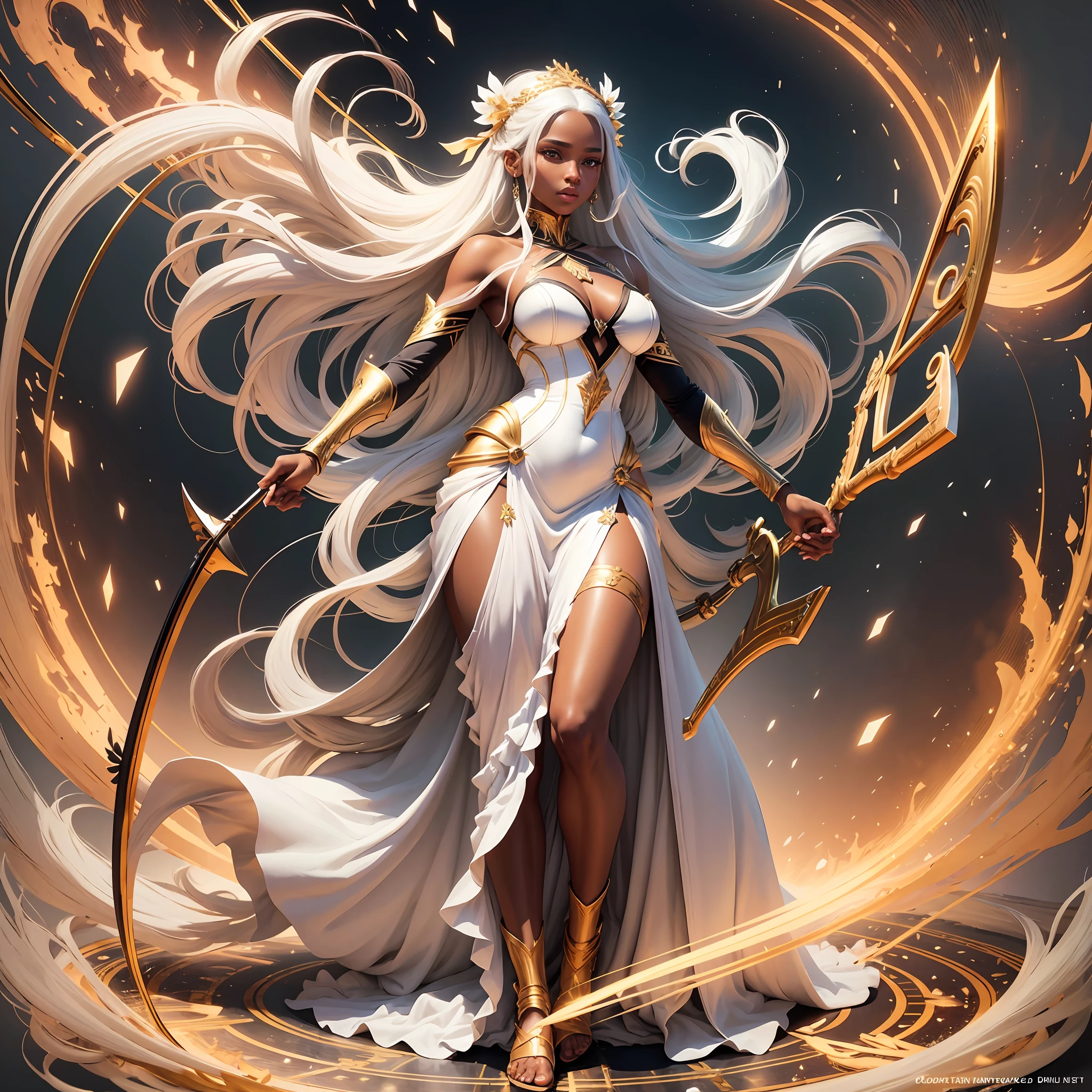 Best quality, best definition, best art, artwork, beautiful, painting, white hair, white long hair, perfect hair, long hair, perfect skin, black skin, brown skin, black skin, dress, white long dress, white dress, greek goddess dress, full body, full body, holding a golden bow and arrow, golden bow and arrow.
