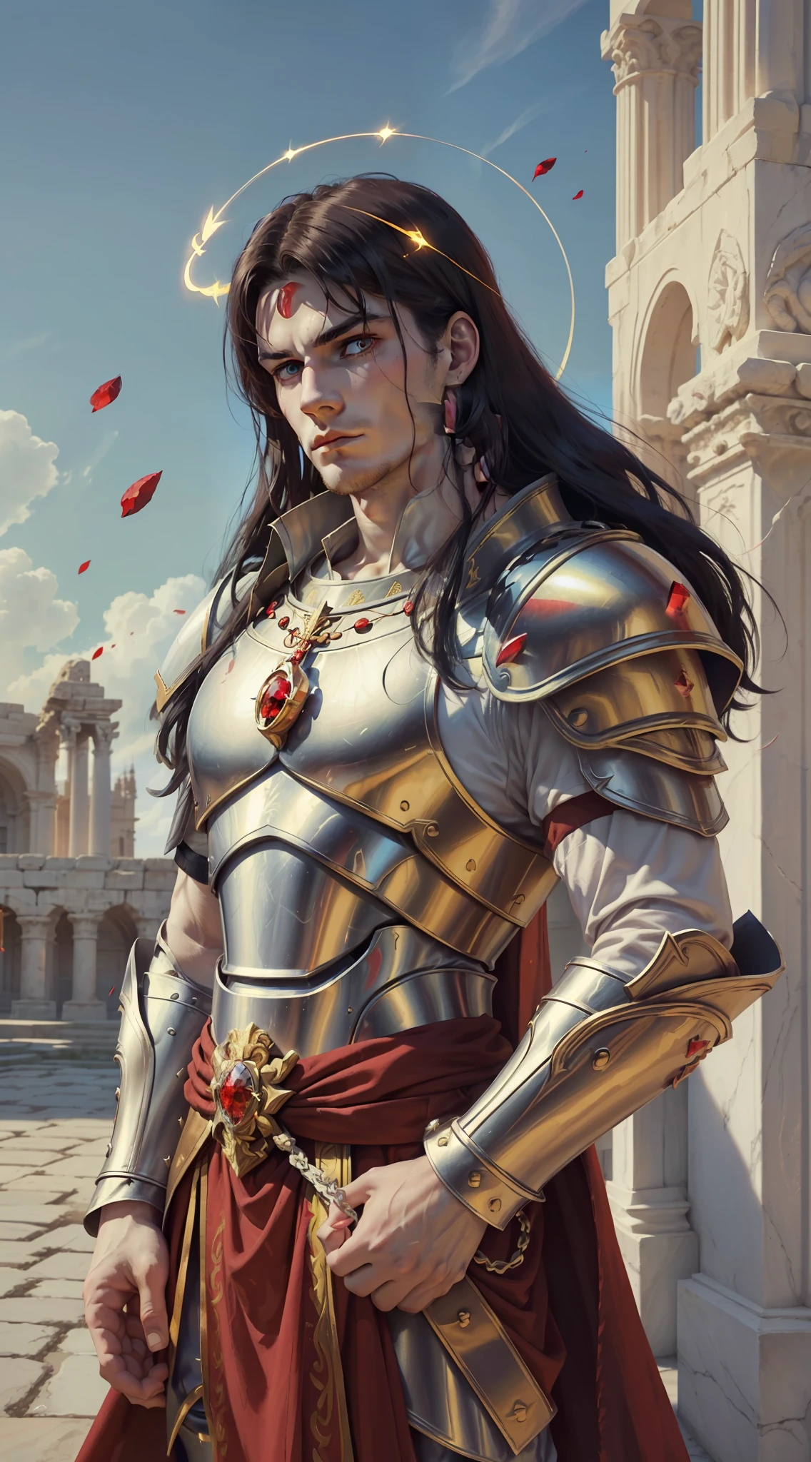A young man, (((solo))), (25 years old, pale skin, tall, pale skin, round face, square jaw, serene look, completely red eyes, long black hair with bangs: 1.50, thick eyebrow, straight face), (he has a small red jewel in the middle of his forehead: 1.30) (he is a holy paladin, wears a costume of noble red and white long fabric, with golden plate armor, halo), (he is bleeding, with his fist on his chest beating continence, with a rosary in hand, in an ancient city, with white marble structures, with a rose garden in the background, blue sky, closeup, medieval fantasy), (he conjures a red energy around him)