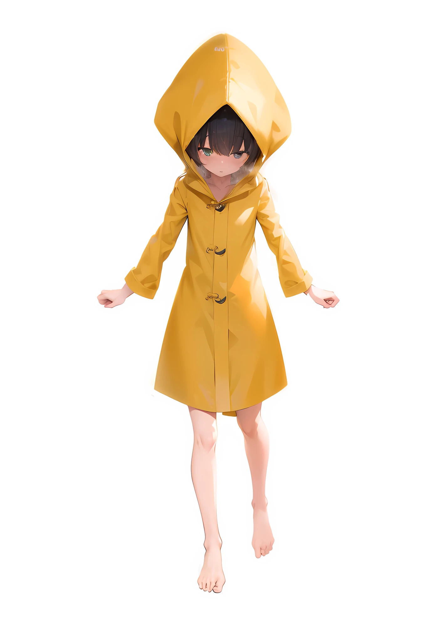 Girl in yellow translucent raincoat, optimize hair details, optimize skin details, highlight raincoat translucent texture, highlight raincoat gel coat texture, no underwear, optimize clarity, 4K