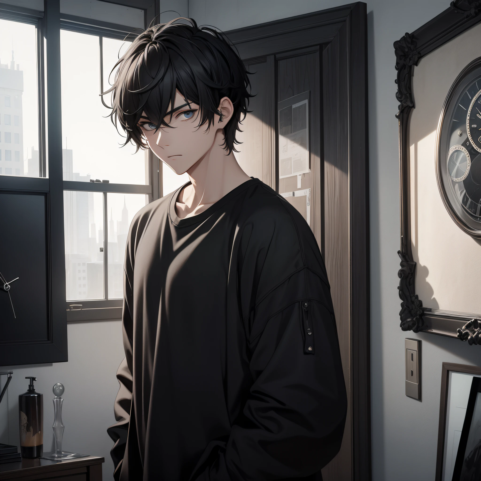Absurd resolution, high resolution, (masterpiece: 1.4), hyper-detail, young man's messy short black hair, black casual clothes, eerie room, looking at the wall clock (1.5)