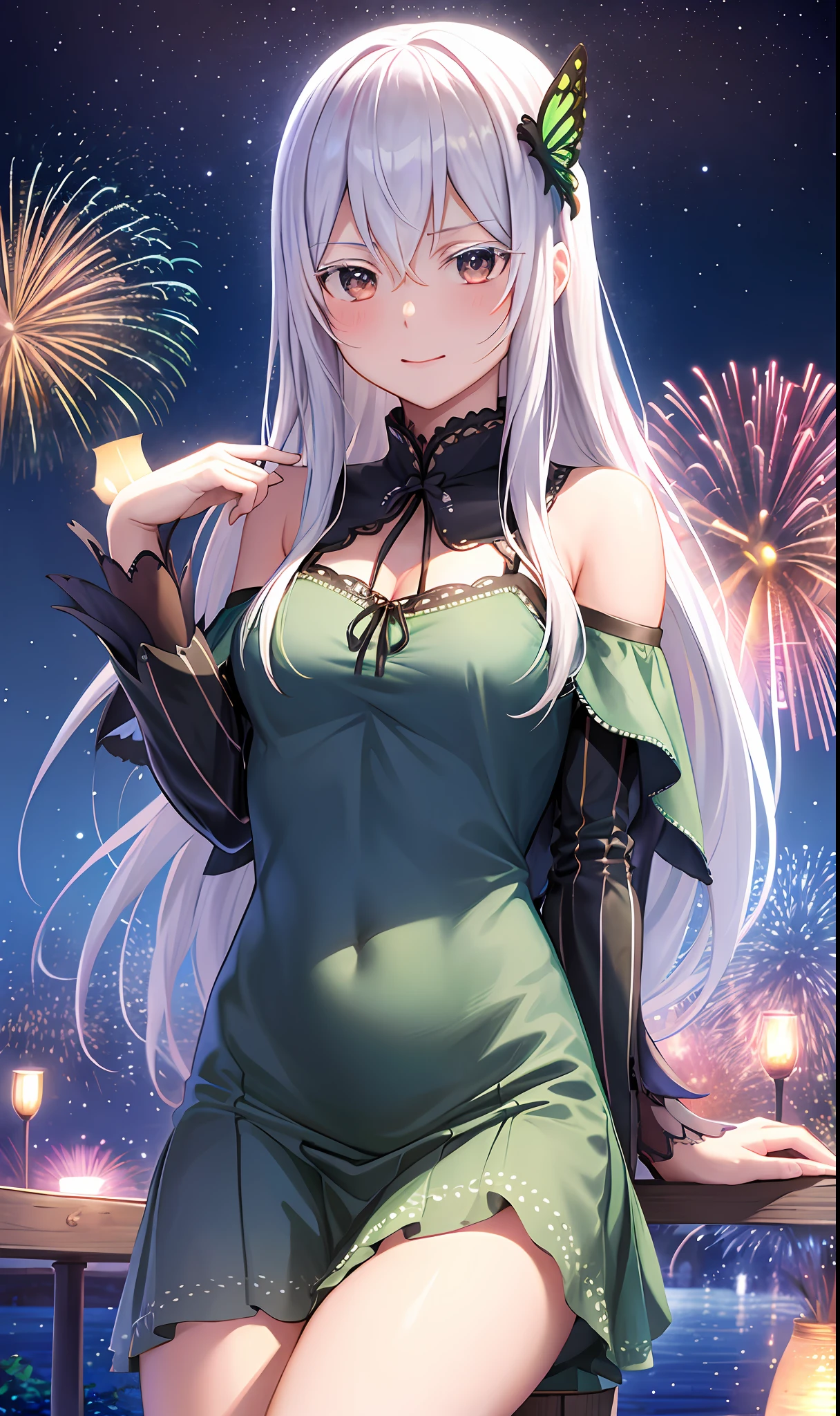 1girl,cowboy shot,sitting,chair,fireworks,night,joy,origin,long hair,white hair,butterfly hair ornament