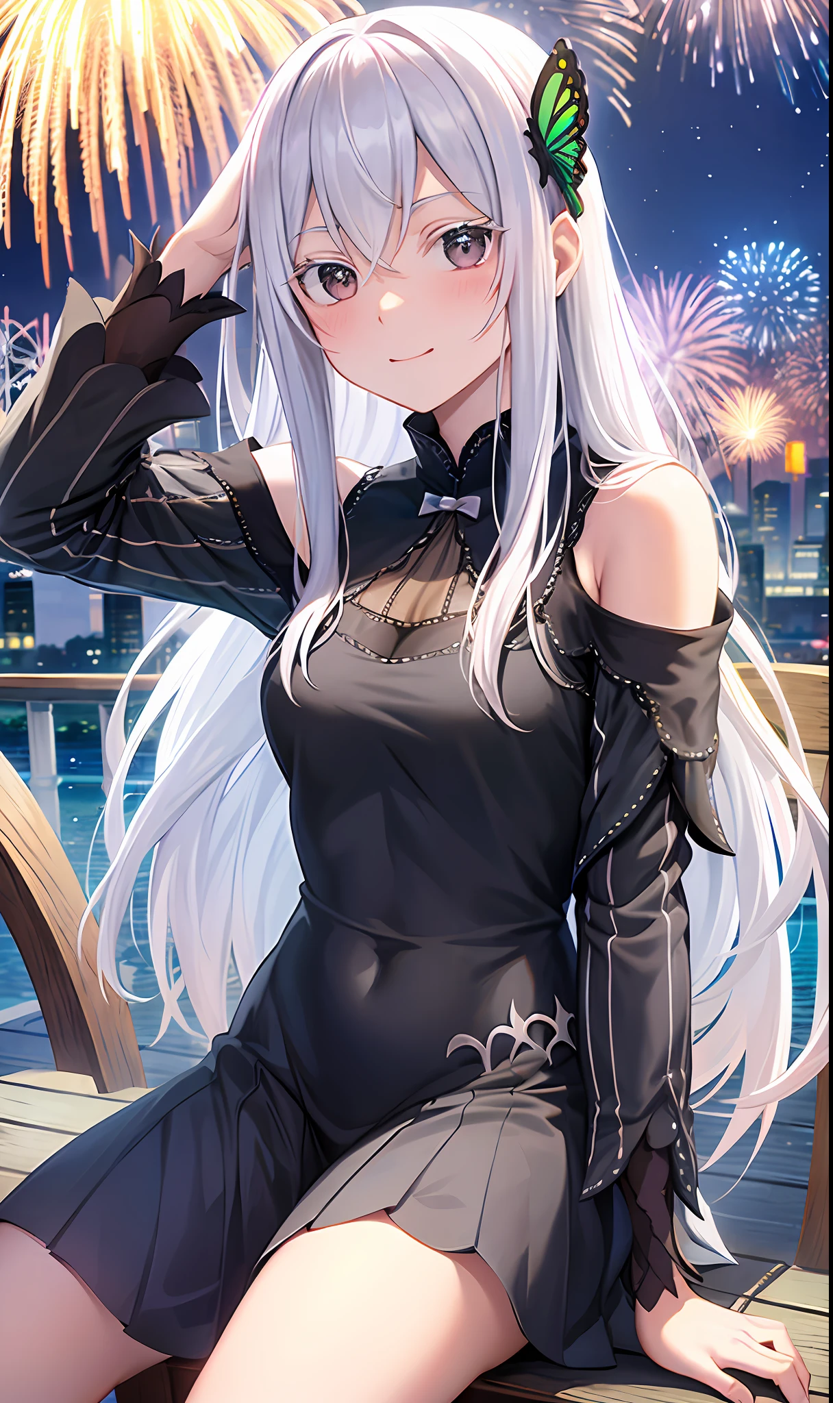 1girl,cowboy shot,sitting,chair,fireworks,night,joy,origin,long hair,white hair,butterfly hair ornament