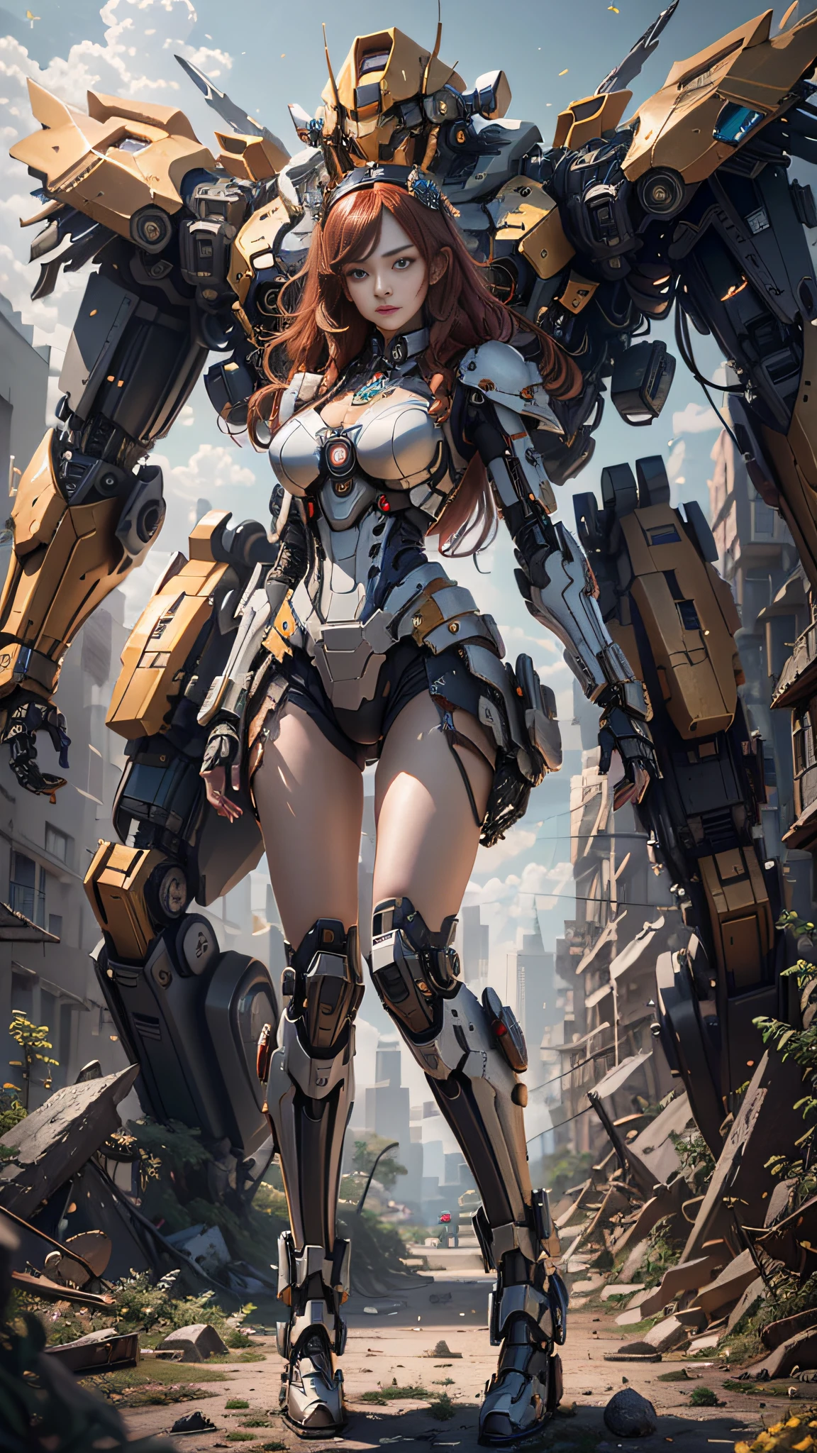 ((Best Quality)), ((Masterpiece)), (Very Detailed: 1.3), 3D, Shitu-mecha, Beautiful cyberpunk woman wearing crown with her red and blue mecha in ruins of a forgotten war city, long red hair, sci-fi technology, HDR (High Dynamic Range), ray tracing, nvidia RTX, super resolution, unreal 5, subsurface scattering, PBR texture, post-processing, anisotropic filtering, depth of field, maximum sharpness and sharpness,  multi-layer texture, specular and albedo mapping, surface shading, precise simulation of light-material interactions, perfect proportions, octane rendering, duotone lighting, low ISO, white balance, rule of thirds, wide aperture, 8K RAW, high efficiency subpixels, subpixel convolution, light particles, light scattering, Tyndall effect, very sexy, full body, battle pose,