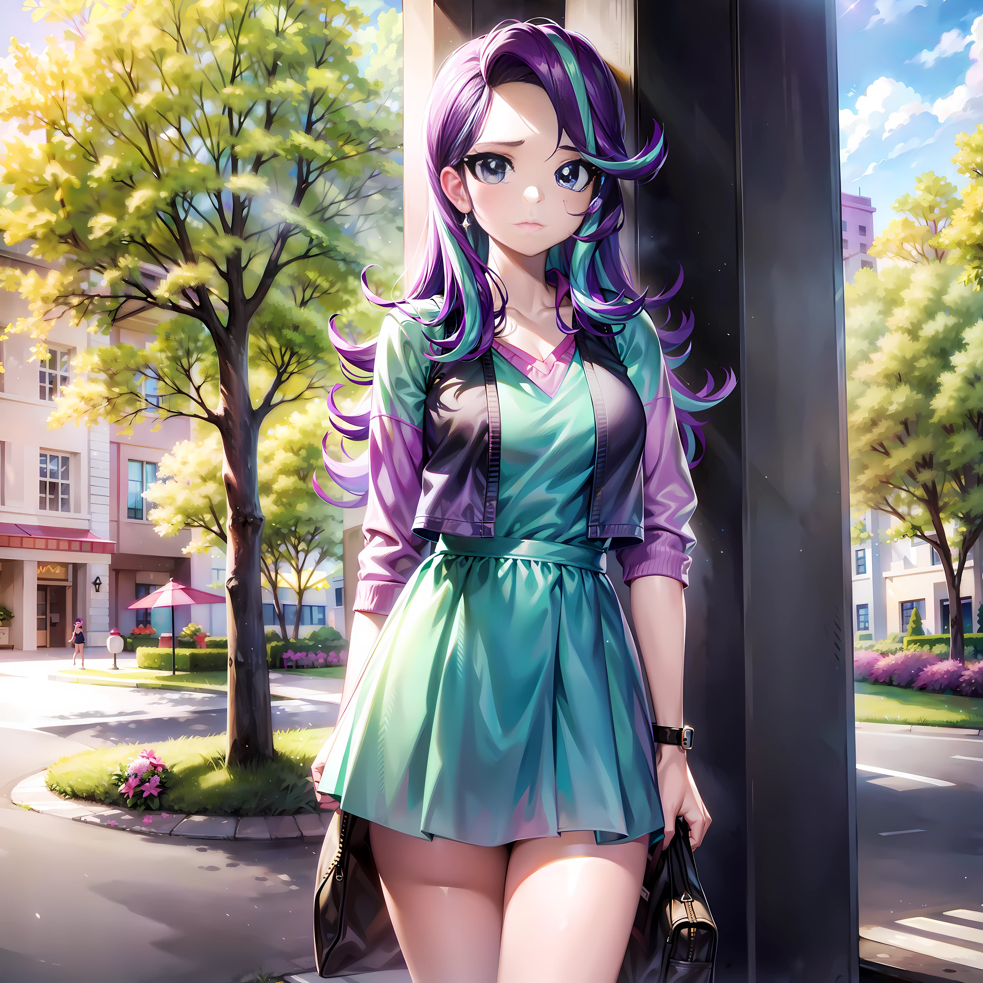 Starlight_Glimmer, adult girl, casual wear, standing tall, standing in front of, summer, park, sunny day, 8k, super detail, ccurate, best quality