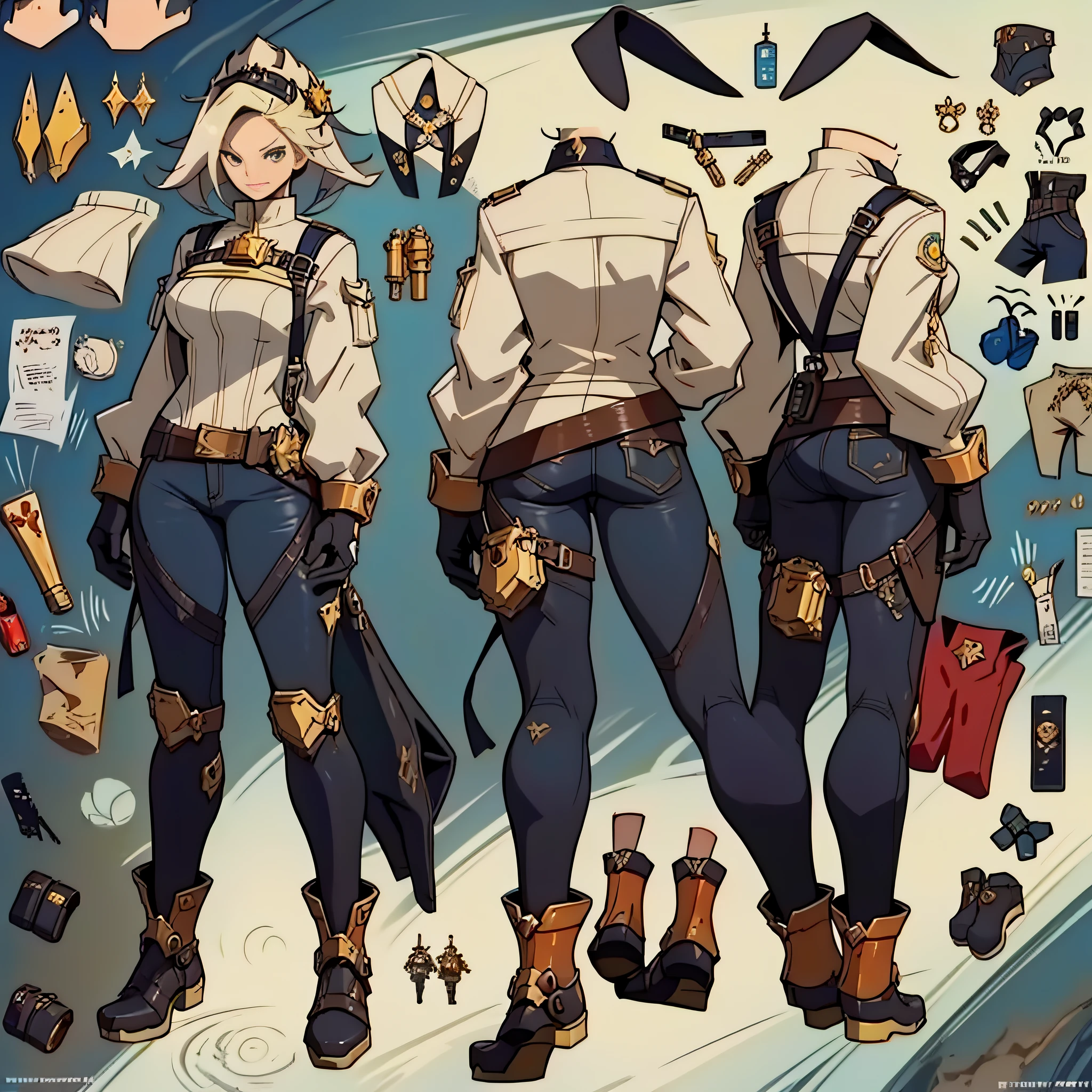 Close-up of a man in a gun costume, ((character concept art)), tall figure, ((character design sheet, same character, front, side, back)), maple story character art, video game character design, video game character design, maple story gun girl, girl wearing cute cartoon bunny hairpin on her head, yellow glowing decoration on girl's clothes, expert high detail concept art, metal bullet concept art, funny character design, Lucio as a woman, gravity rush inspiration, Viscous tar. Concept art, belt buckle at waist, steampunk weapon,