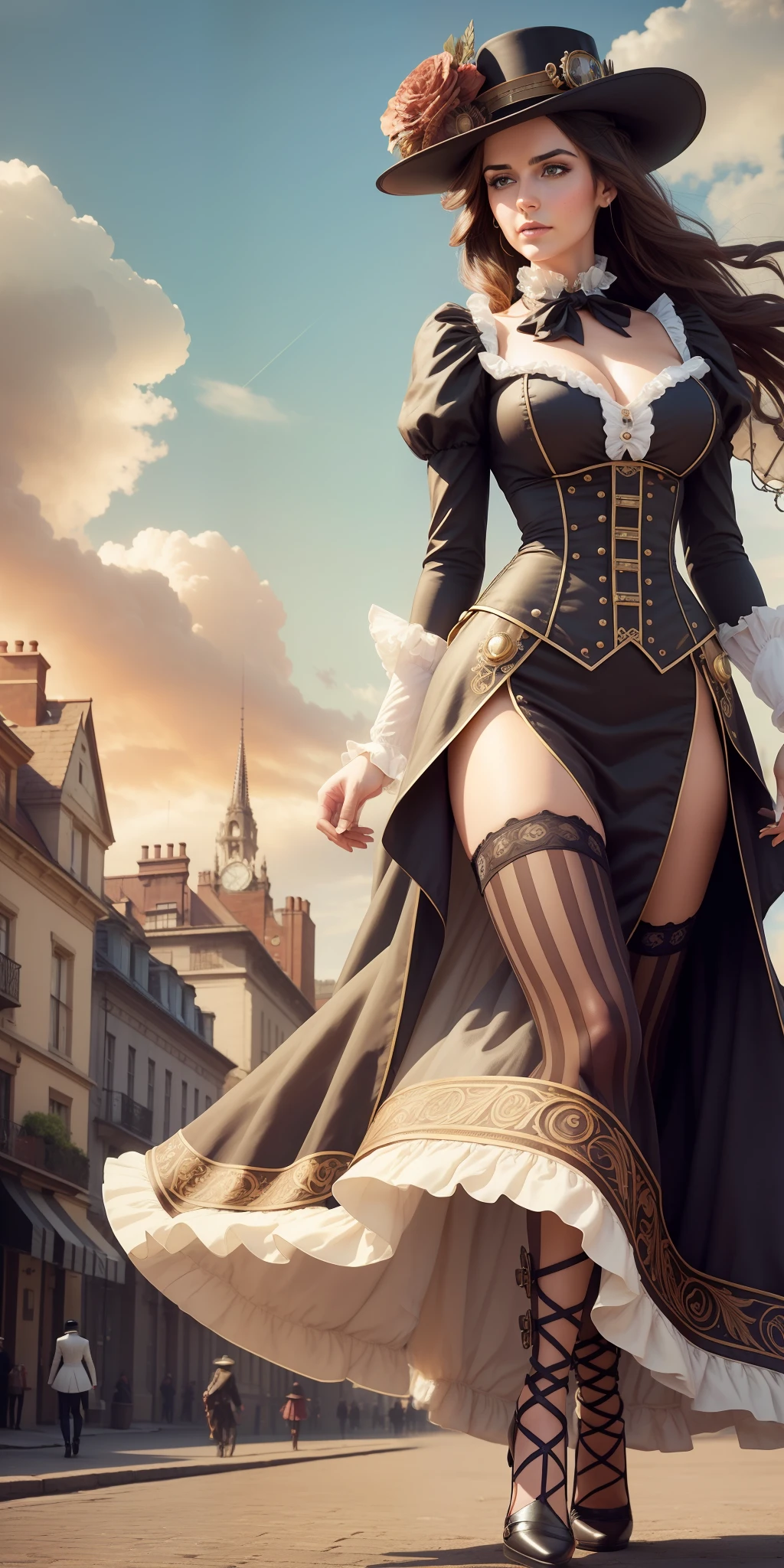 Best possible quality, high resolution 8k, close-up,most Beautiful woman in a dress and hat walking down the street, tanned skin, fine hat,elegant, Victorian sunset,Victorian fantasy art, Victorian inspired science fiction, steampunk fantasy style, steampunk fantasy, Miss Aniela, Victorian lady, Victorian city, Victorian style costume, intricate Victorian dress, Victorian Inspired Clothing, Garter Holder, Fine Art Fashion Photography, Steampunk Fiction, Steampunk Aesthetic, Fantasy Genre Portrait, Fine Art Fashion Magazine Style