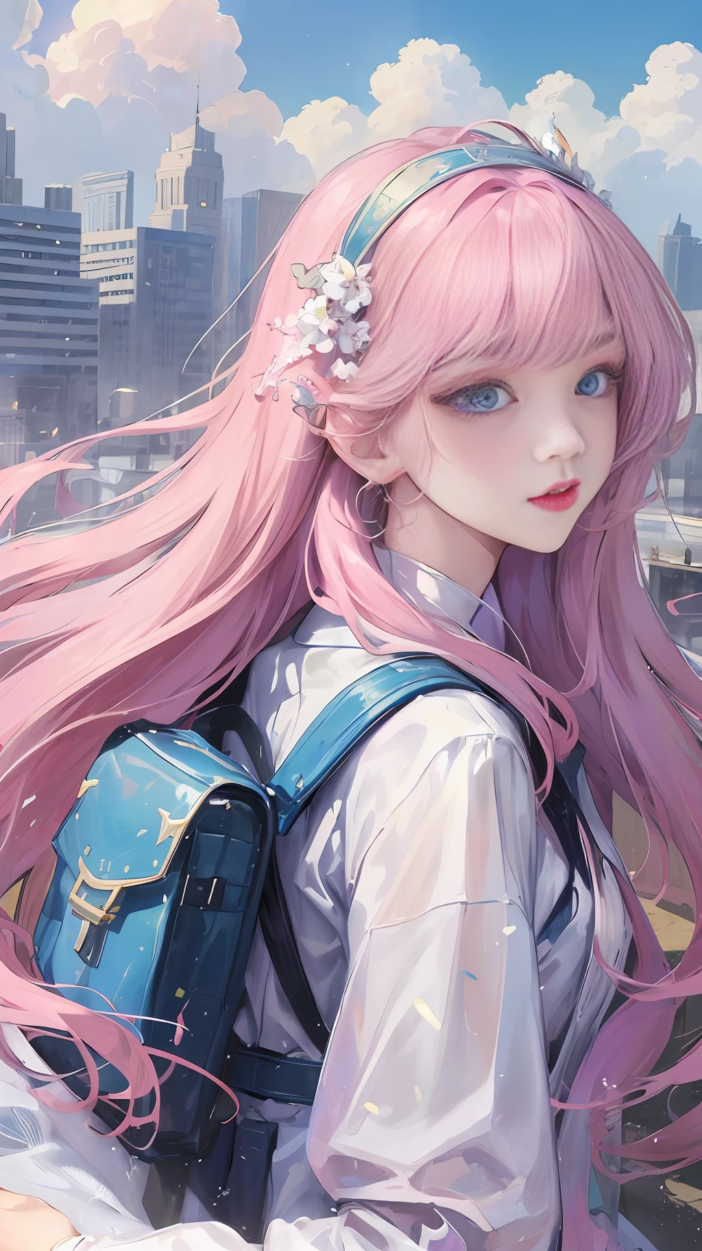 Official fine art, masterpieces, sharp focus, (Beautiful gorgeous cute Korean woman: 1.3), (Beautiful cute Korean: 1.3), Korean beauty, delicate beautiful hair and eyes and face, realistic, super detailed, beautiful girl, backpack, blue sky, glowing white particles, (sidelighting: 1.2), sunlight, white clouds, delicate clouds, slender, smile, scenery, long straight hair, buildings, dynamic hair, long straight hair, fine platinum pink hair, glowing blue eyes, hair accessories, epic scenery,