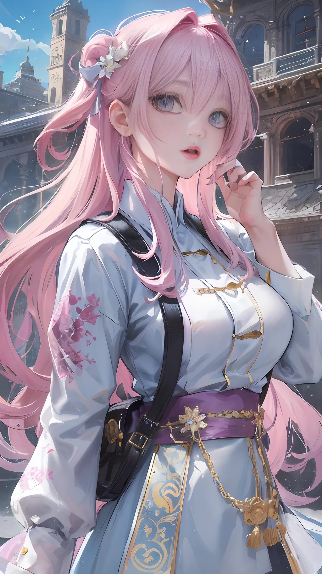 Official fine art, masterpieces, sharp focus, (Beautiful gorgeous cute Korean woman: 1.3), (Beautiful cute Korean: 1.3), Korean beauty, delicate beautiful hair and eyes and face, realistic, super detailed, beautiful girl, backpack, blue sky, glowing white particles, (sidelighting: 1.2), sunlight, white clouds, delicate clouds, slender, smile, scenery, long straight hair, buildings, dynamic hair, long straight hair, fine platinum pink hair, glowing blue eyes, hair accessories, epic scenery,