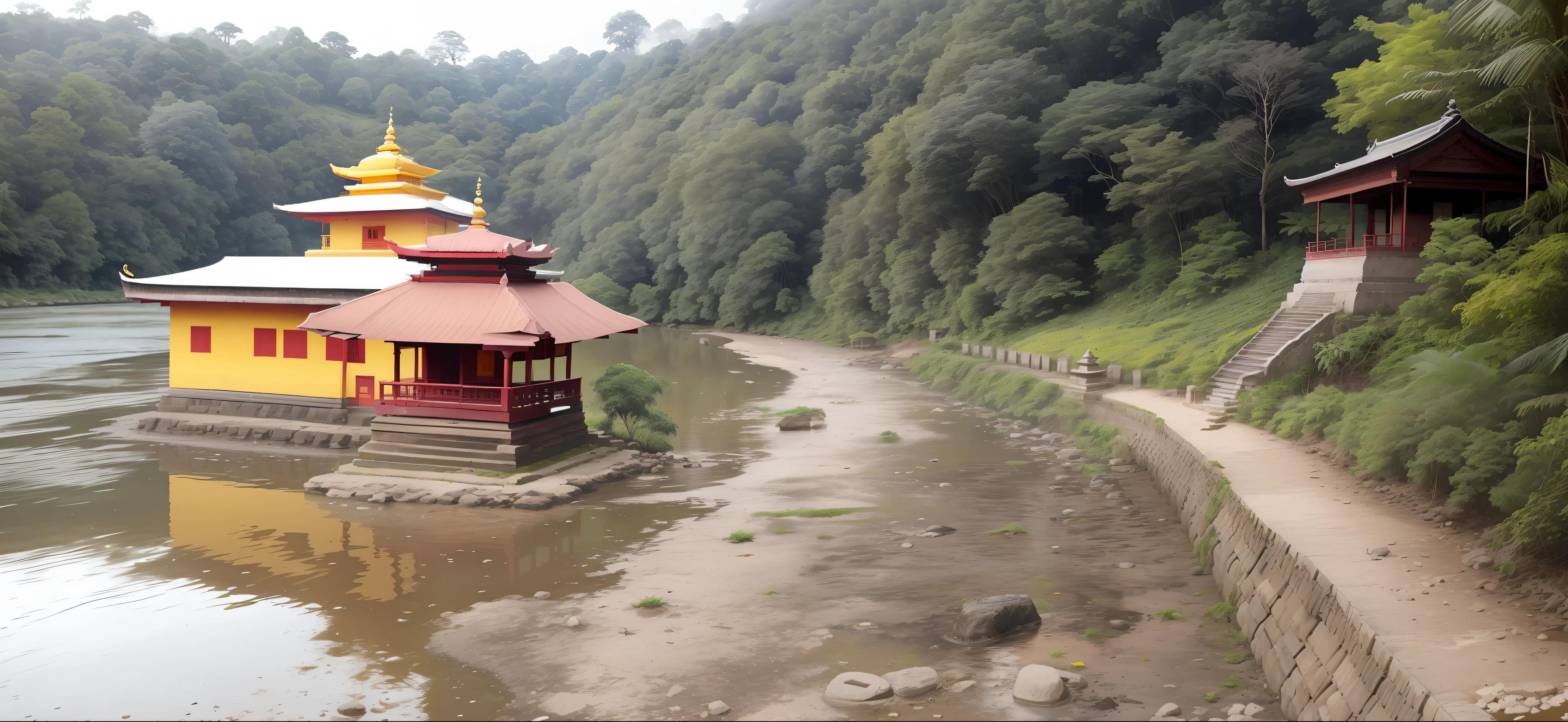 there is a small yellow building on the side of a river, temple in the distance, temple in the background, a temple, temple, amidst of nature fully covered, view from the distance, centre image, hideen village in the forest, front side view, hindu temple in background, viewed from far away, viewed in profile from far away, shaved temple