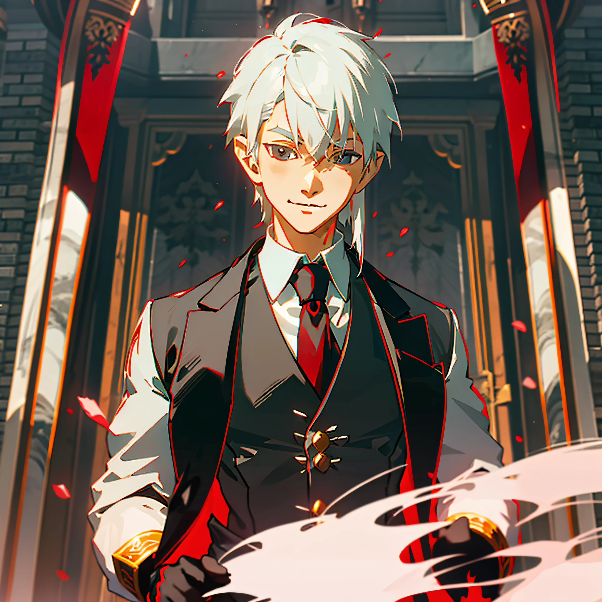 Young boy with medium white hair, red glove on right hand, big red scar on right eye, bangs, grey eyes, formal clothes, white shirt, black vest, red tie, black pants, smiling