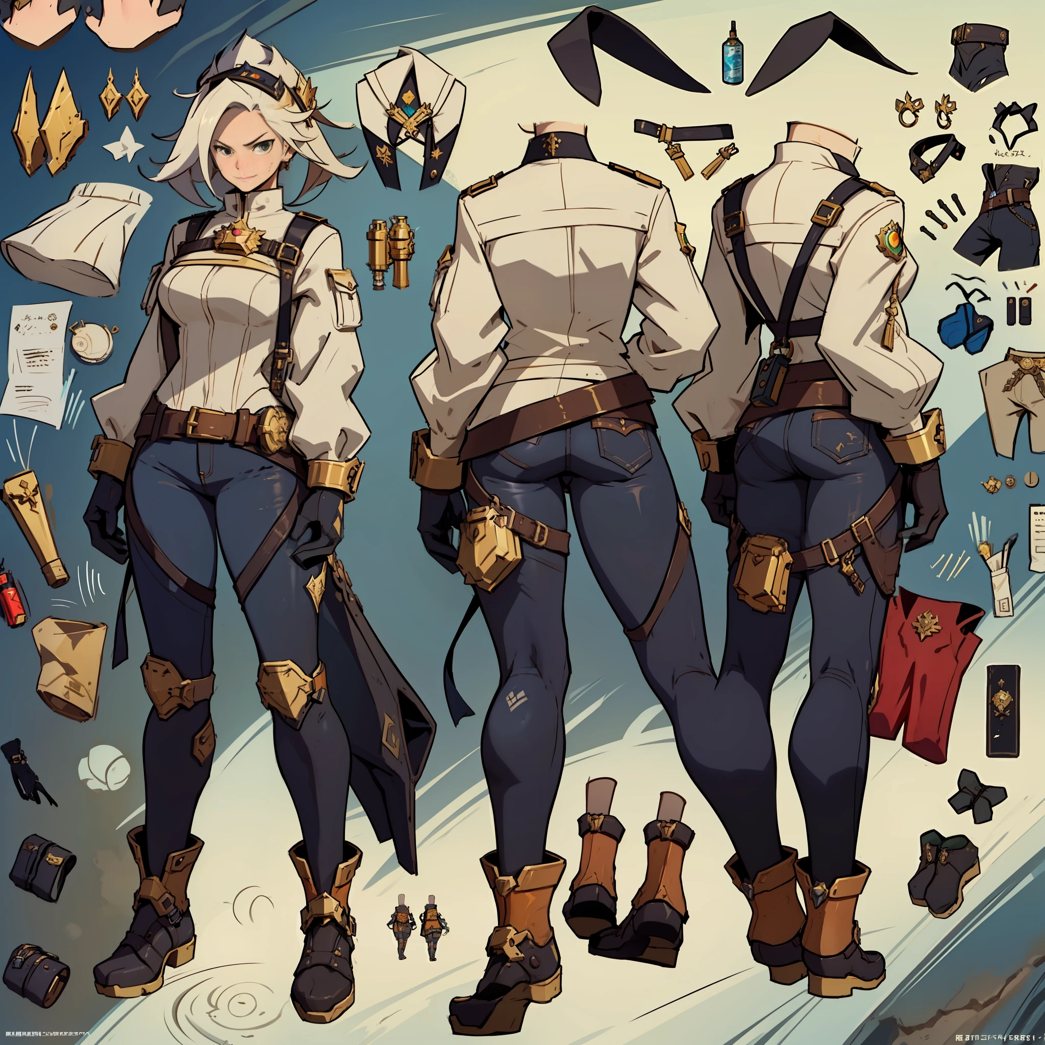 Close-up of a man in a gun costume, ((character concept art)), tall figure, ((character design sheet, same character, front, side, back)), maple story character art, video game character design, video game character design, maple story gun girl, girl wearing cute cartoon bunny hairpin on her head, yellow glowing decoration on girl's clothes, expert high detail concept art, metal bullet concept art, funny character design, Lucio as a woman, gravity rush inspiration, Viscous tar. Concept art, belt buckle at waist, steampunk weapon,