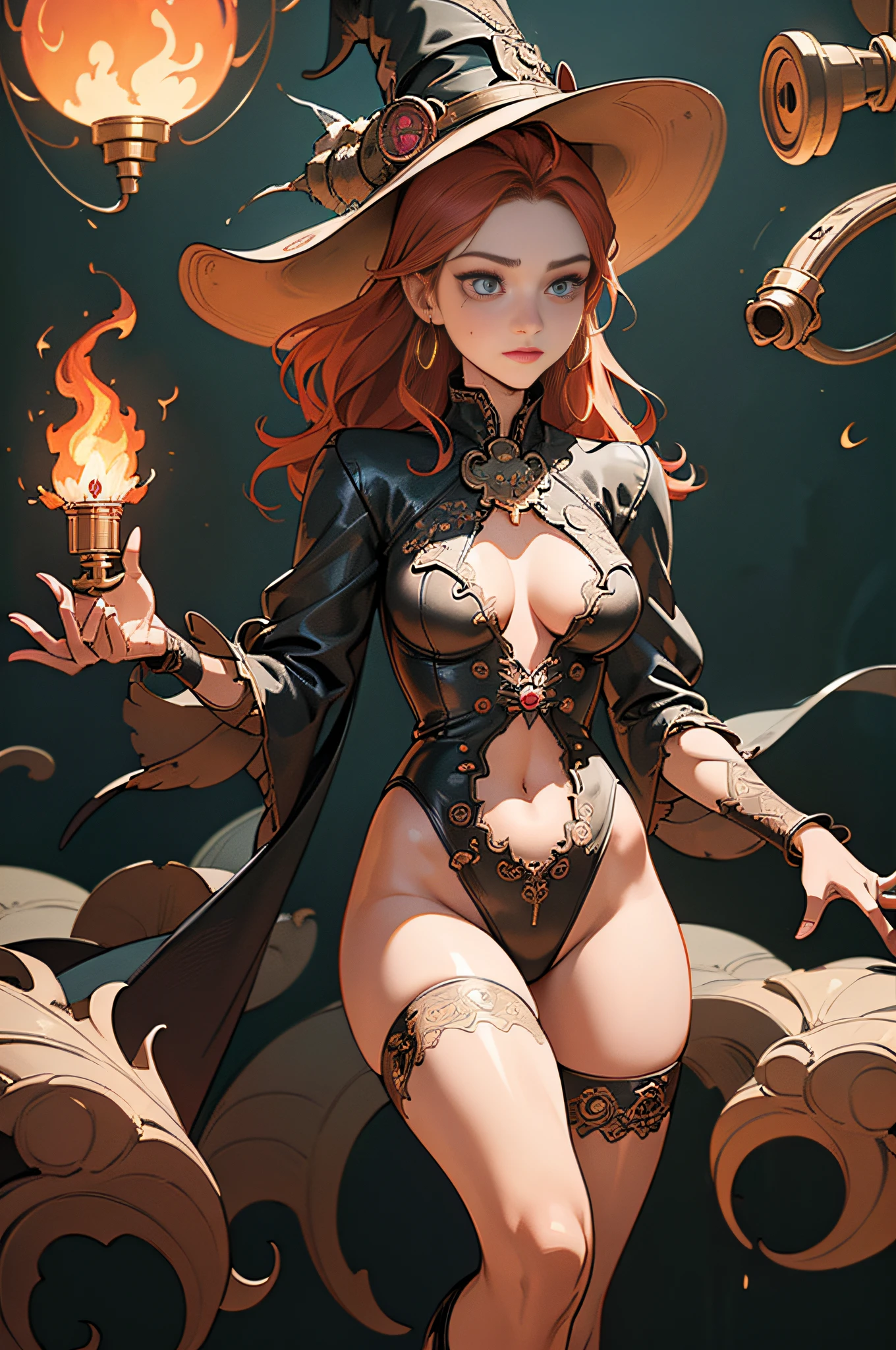 [Detailed illustrations, art based on extremely ideal anatomy, very detailed and detailed drawings, delicate lines with slow and urgent, realistic texture expression],(((Color tressed main lines)),(Artwork of outstanding craftsmanship),Boiler room background (golden gears,brass pipe,(dancing flame)),HENTAI Anime Flame Witch Beauty 19 years old Fiery redhead (super long hair) ( Thin breasts) Thick thighs, (clear skin life force), witch's hat enamel leather suit Thigh boots (ruby earrings at navel) ((Phoenix crest)) (Ruffled lace embroidery),(SteamPunk) Gravure,((Fine and beautiful skin expression (transparency))),((Clear gaze)),((Perfect eye details (beautifully drawn pupils))),( Beautiful perfect face (realistic face details)),((Beautiful hair details)),(Perfectly proportioned proportions)),(Design built to a high level,((Advanced structural understanding of materials)),Ideal color coordination),((Artistic decoration)) ((Dense details)),((Detail,High definition)),[(Ultra-precision detail),(((Multilayer texture)), HighQuality,High Resolution],((Accurate simulation of light-material interaction, understanding of air flow, mechanically correct representation)),(((Visual art with a sense of narrative)).