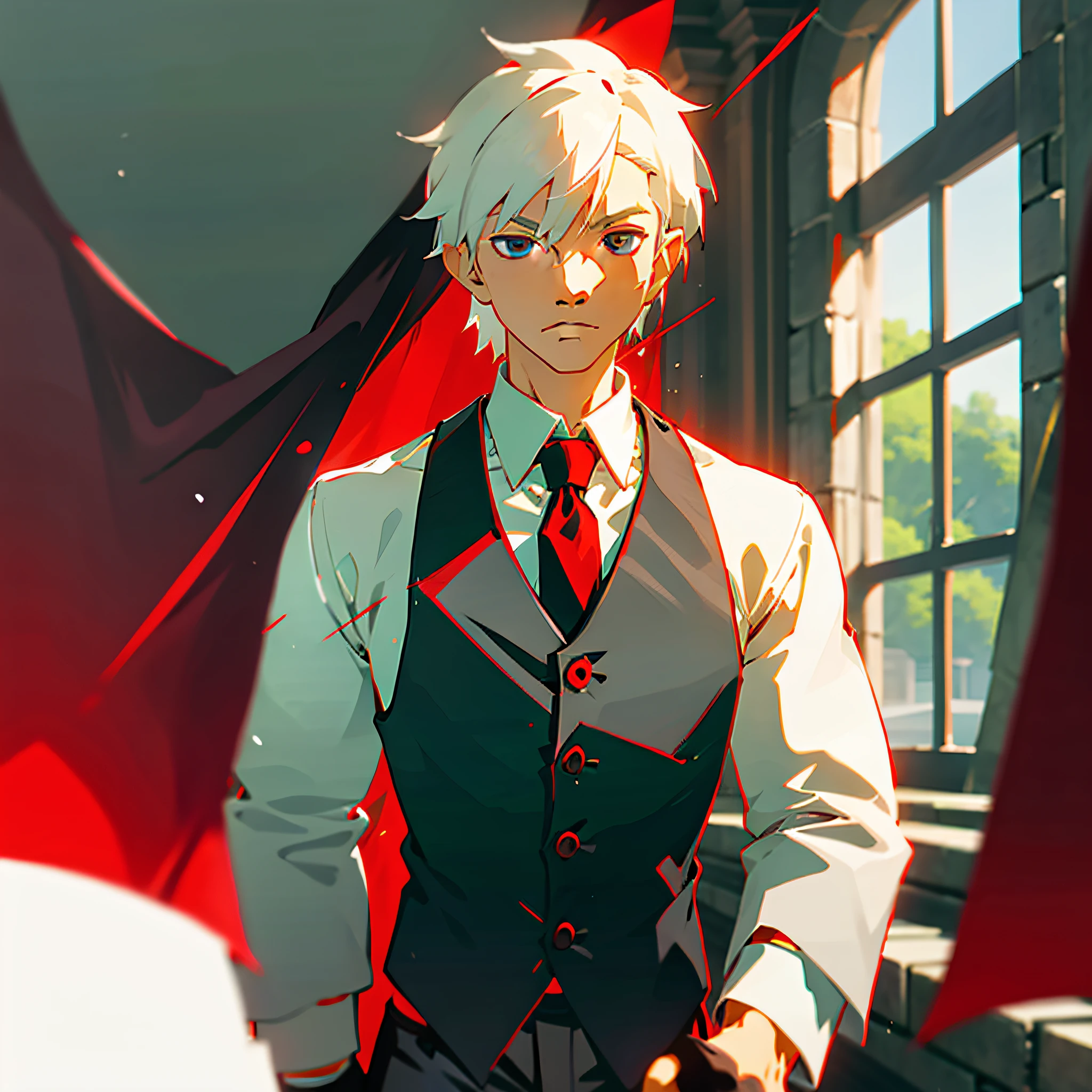 Young boy with medium white hair, red arms, big red scar on right eye, bangs, grey eyes, formal clothes, white shirt, black vest, red tie, black pants