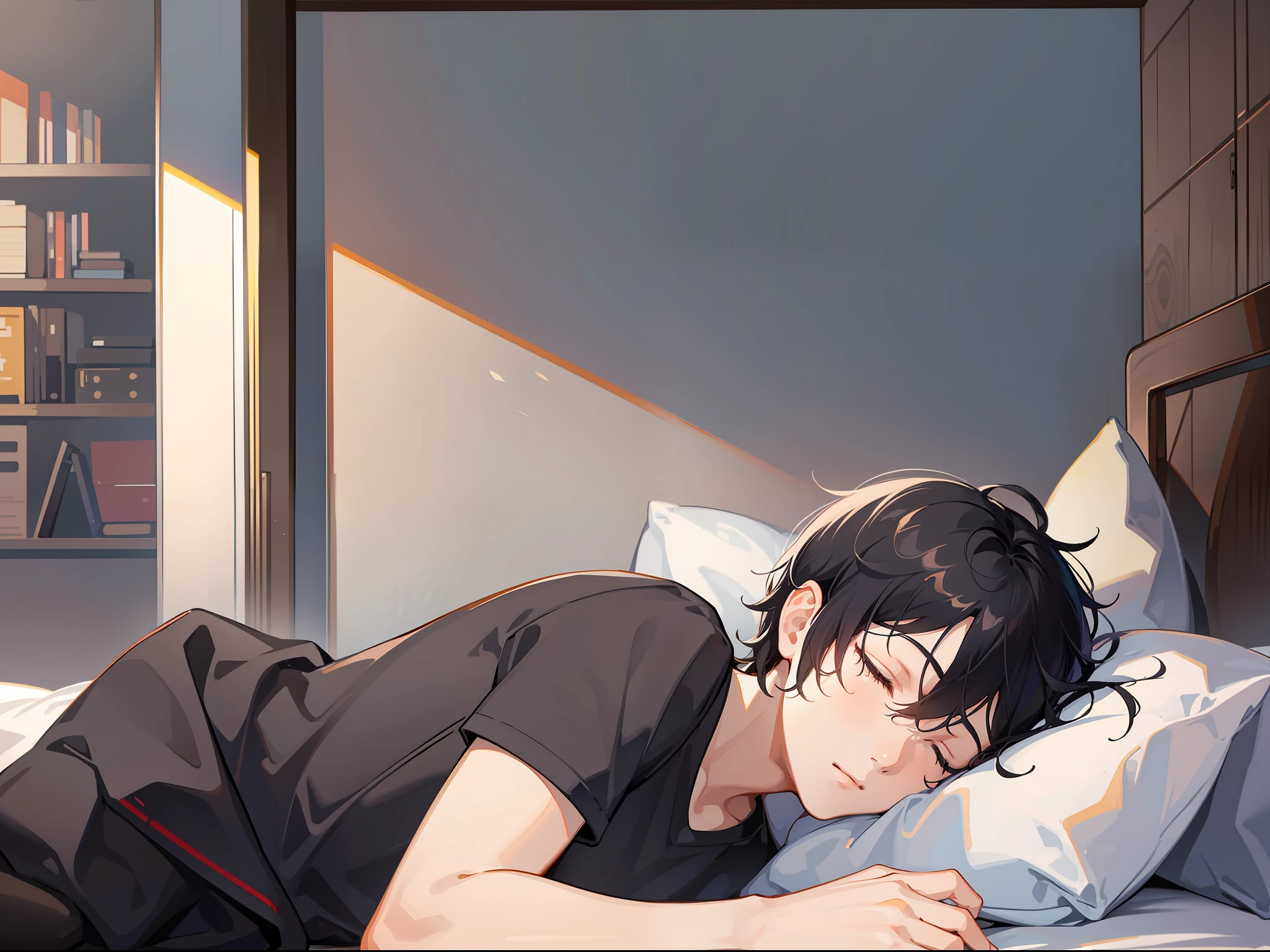 A man with short black hair and a large bed in the background, sleeping, eyes closed