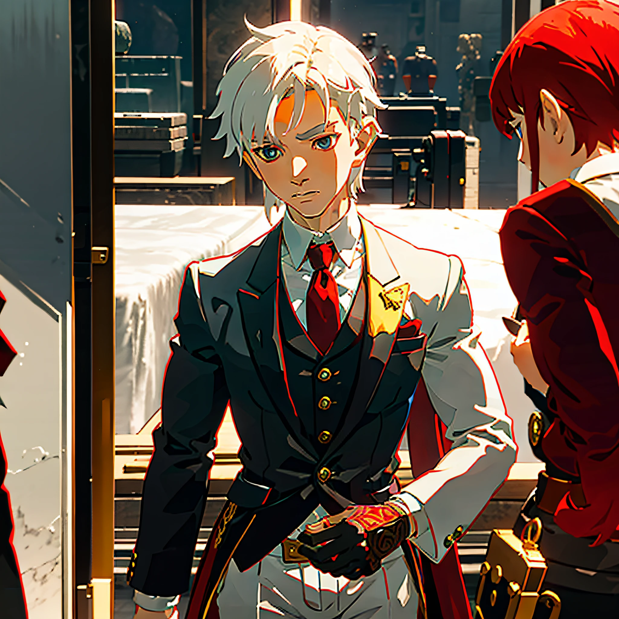 Young boy with medium white hair, red arms, big red scar on right eye, bangs, grey eyes, formal clothes, white shirt, black vest, red tie, black pants