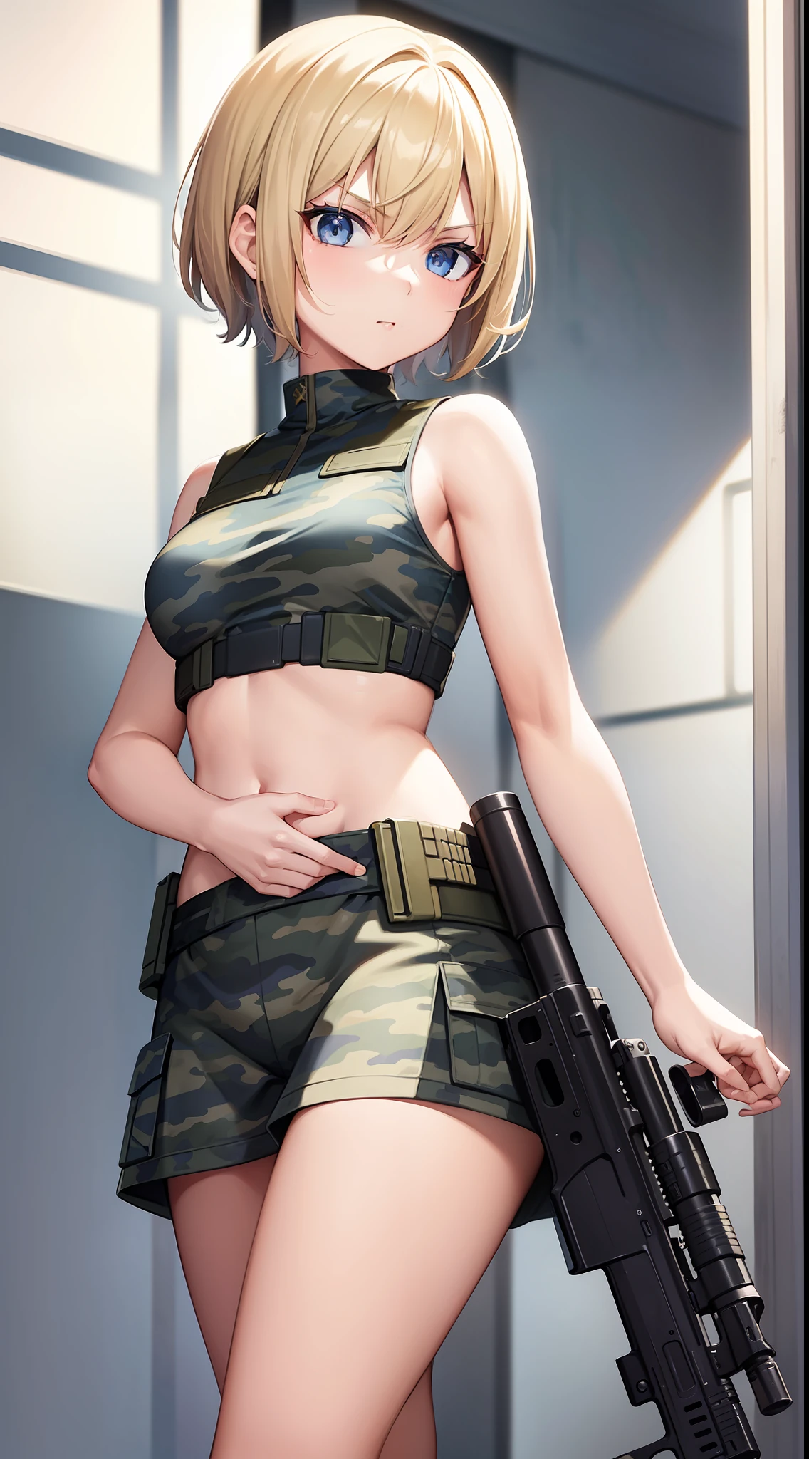 Young girl, short blonde hair, blue eyes, soldier's camouflage uniform, sleeveless, open belly, gun, serious look, masterpiece, high quality
