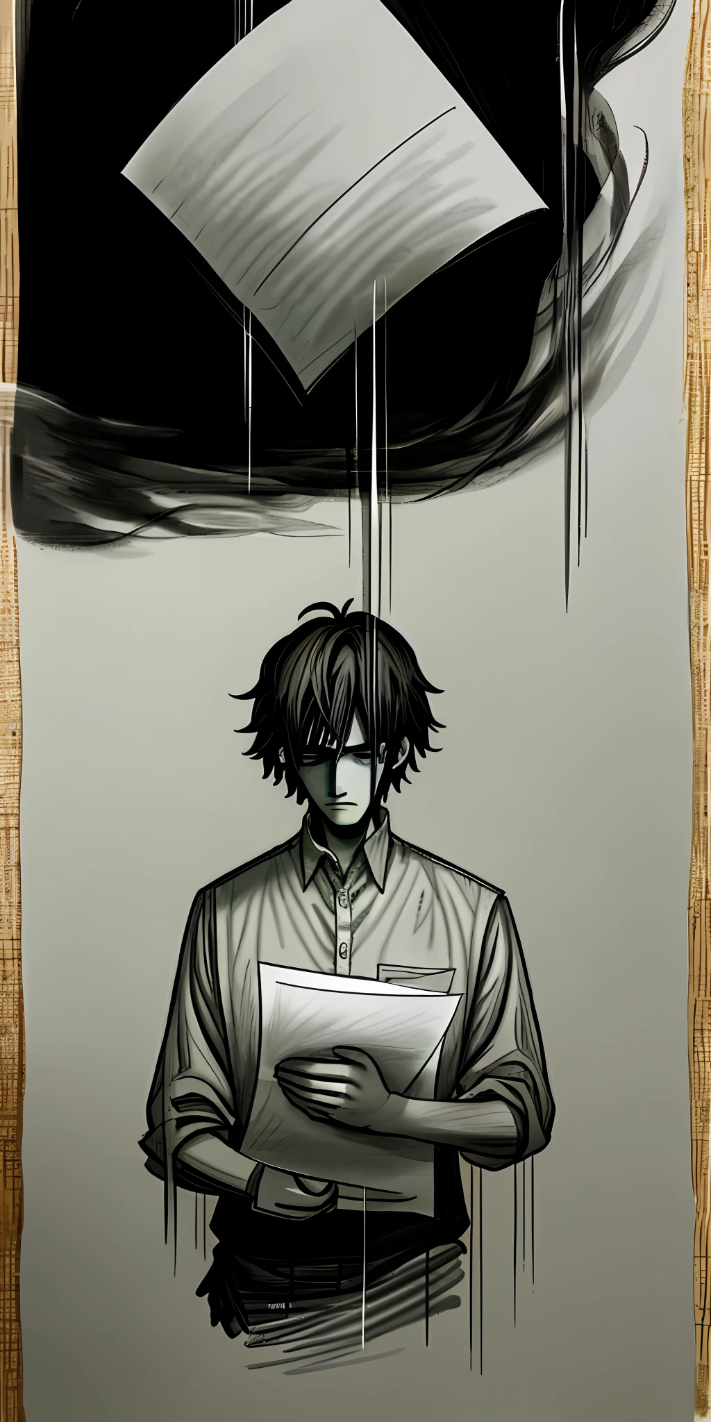 a drawing on paper done in black and white of a sad guy with a blank look and a melancholy atmosphere