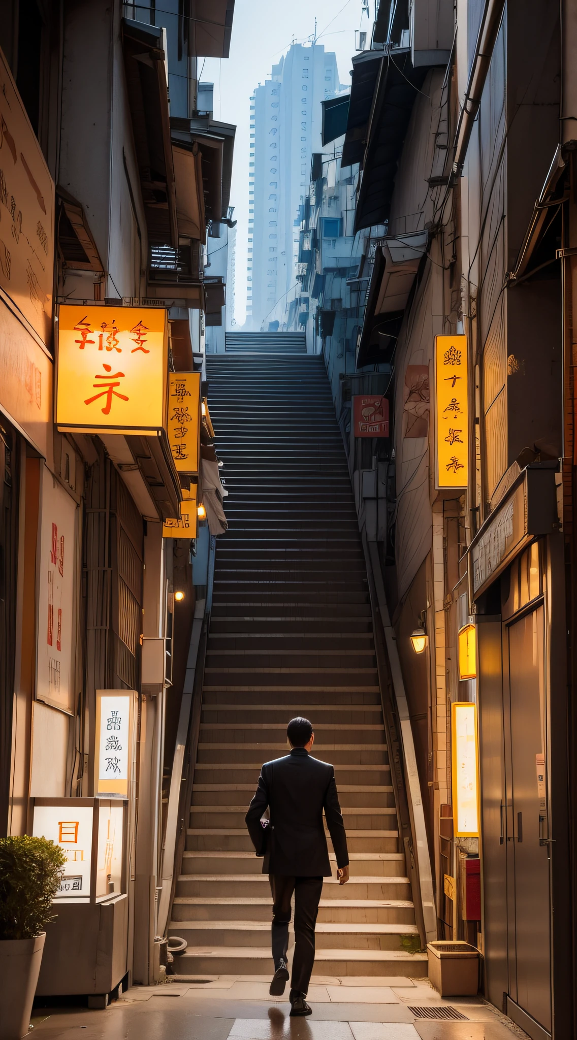 there is a person walking up a set of stairs in a city, a still of kowloon, streets of hong kong, street of hong kong, in hong kong, city like hong kong, walking over a tiny city, kowloon cyberpunk, artwork of a hong kong street, man walking through city, inspired by Carl Spitzweg, by John La Gatta