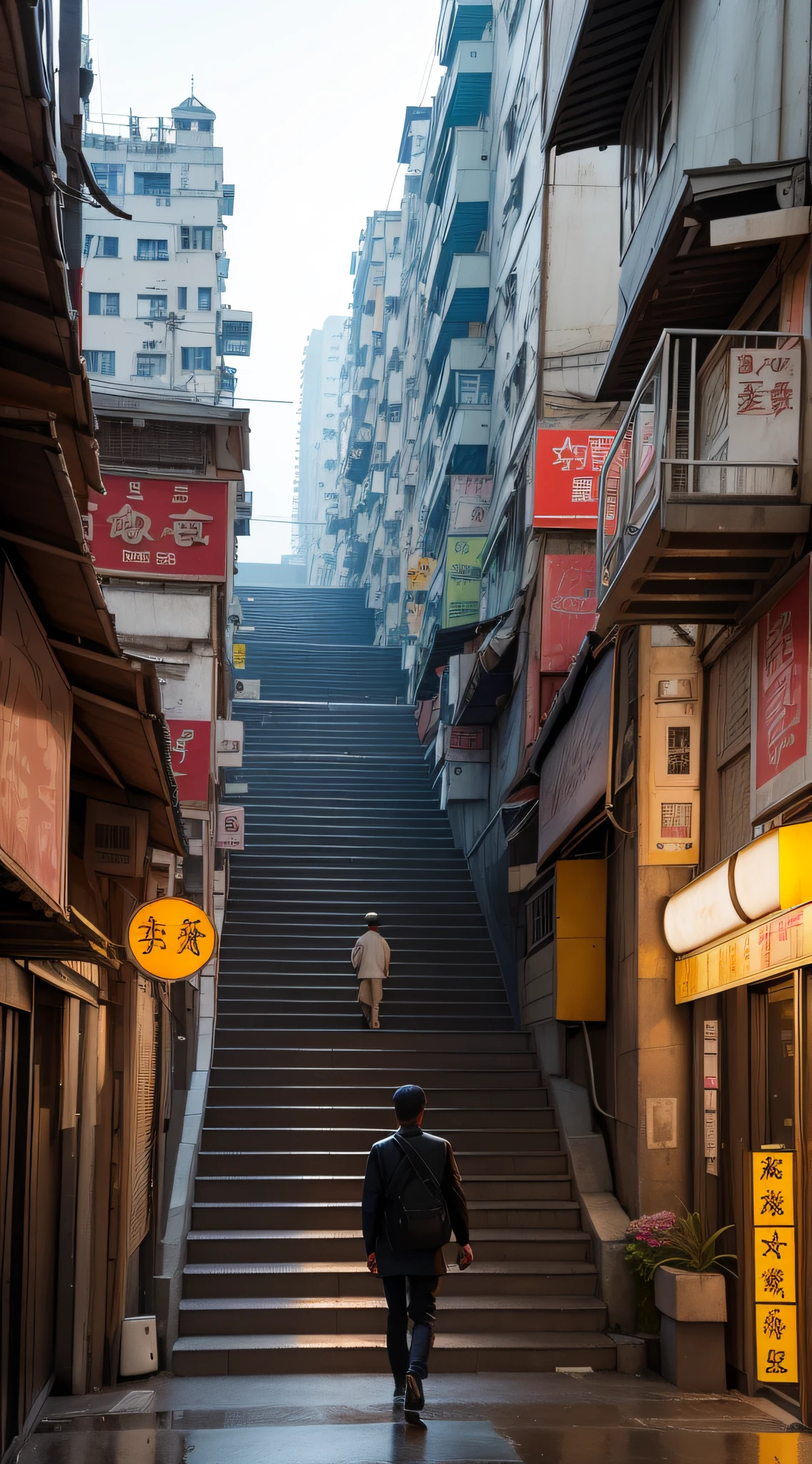 there is a person walking up a set of stairs in a city, a still of kowloon, streets of hong kong, street of hong kong, in hong kong, city like hong kong, walking over a tiny city, kowloon cyberpunk, artwork of a hong kong street, man walking through city, inspired by Carl Spitzweg, by John La Gatta