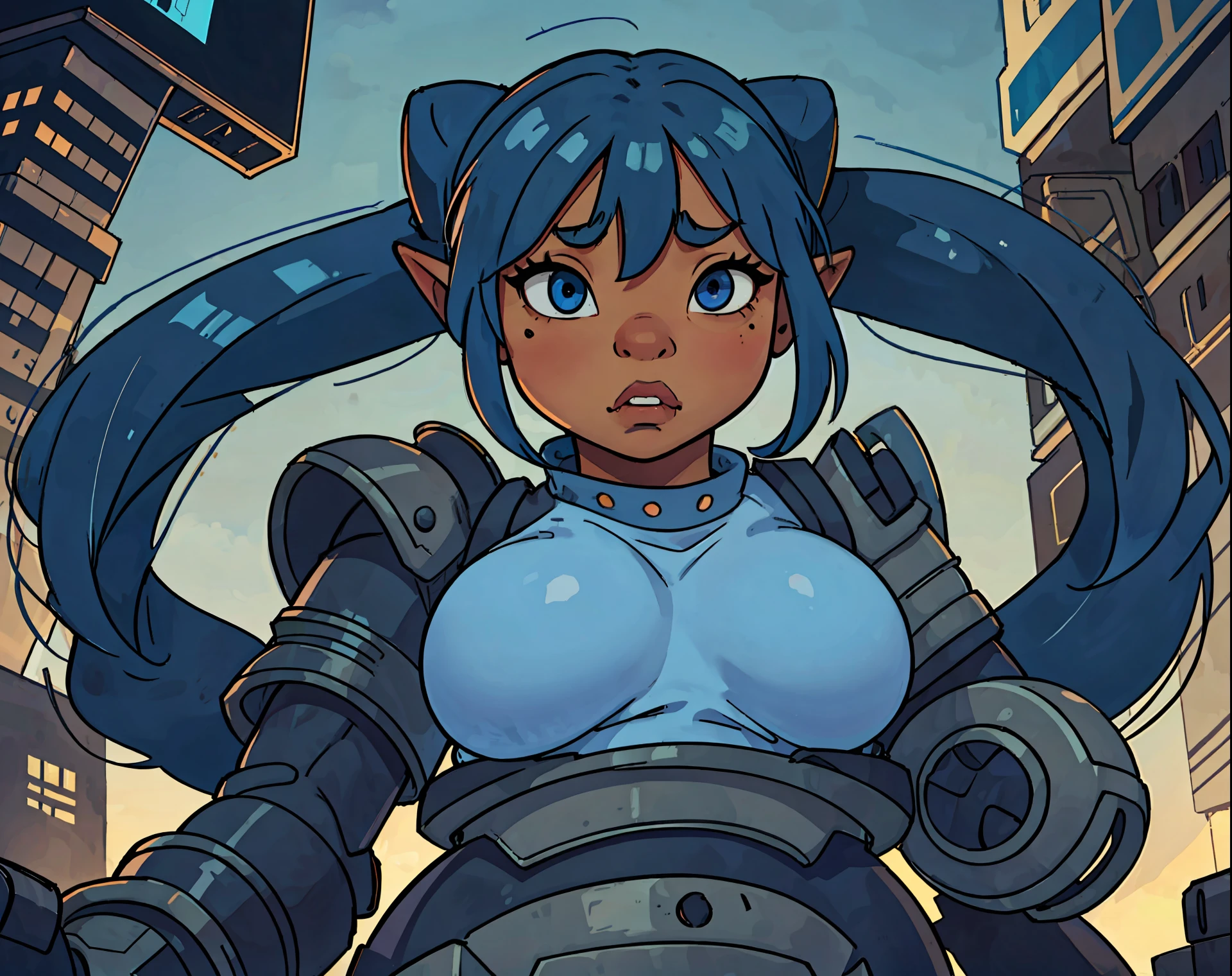 goblin, goblin girl, blue hair, very long hair, dark_ skin, dark skin goblin, wide body, very dark skin girl, small stature, very chubby, cute goblin, huge breast, very large breast, hair between eyes, twintails, chubby, chubby girl, chubby girl goblin, wide hips, blue eyes, mole, mole on chest, age up, lips, big lips, thick eyebrows, body with fur, short girl, short goblin girl twintails, short girl, fat, battle suit, cyberpunk, full battle suit, mechanical armor