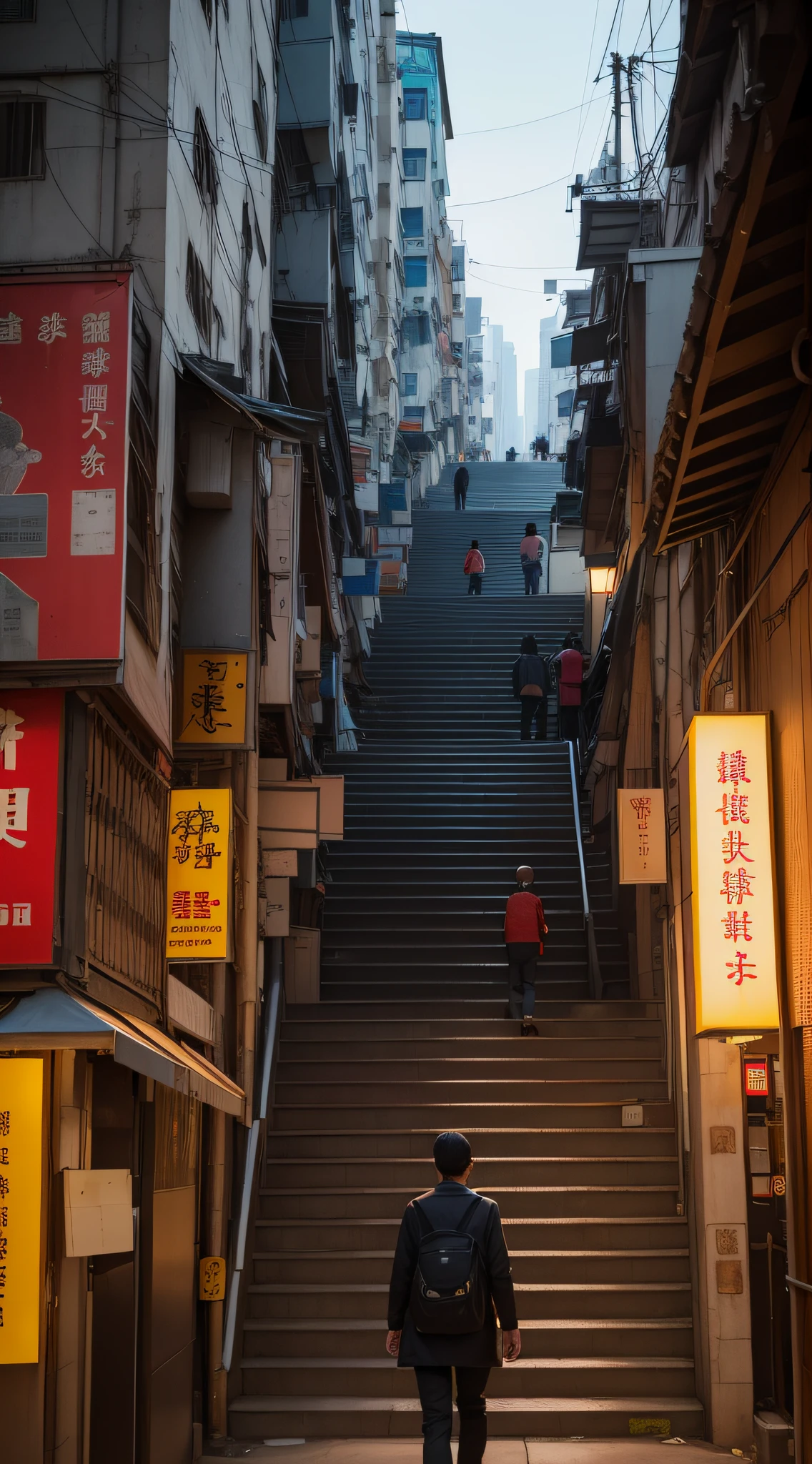 there is a person walking up a set of stairs in a city, a still of kowloon, streets of hong kong, street of hong kong, in hong kong, city like hong kong, walking over a tiny city, kowloon cyberpunk, artwork of a hong kong street, man walking through city, inspired by Carl Spitzweg, by John La Gatta