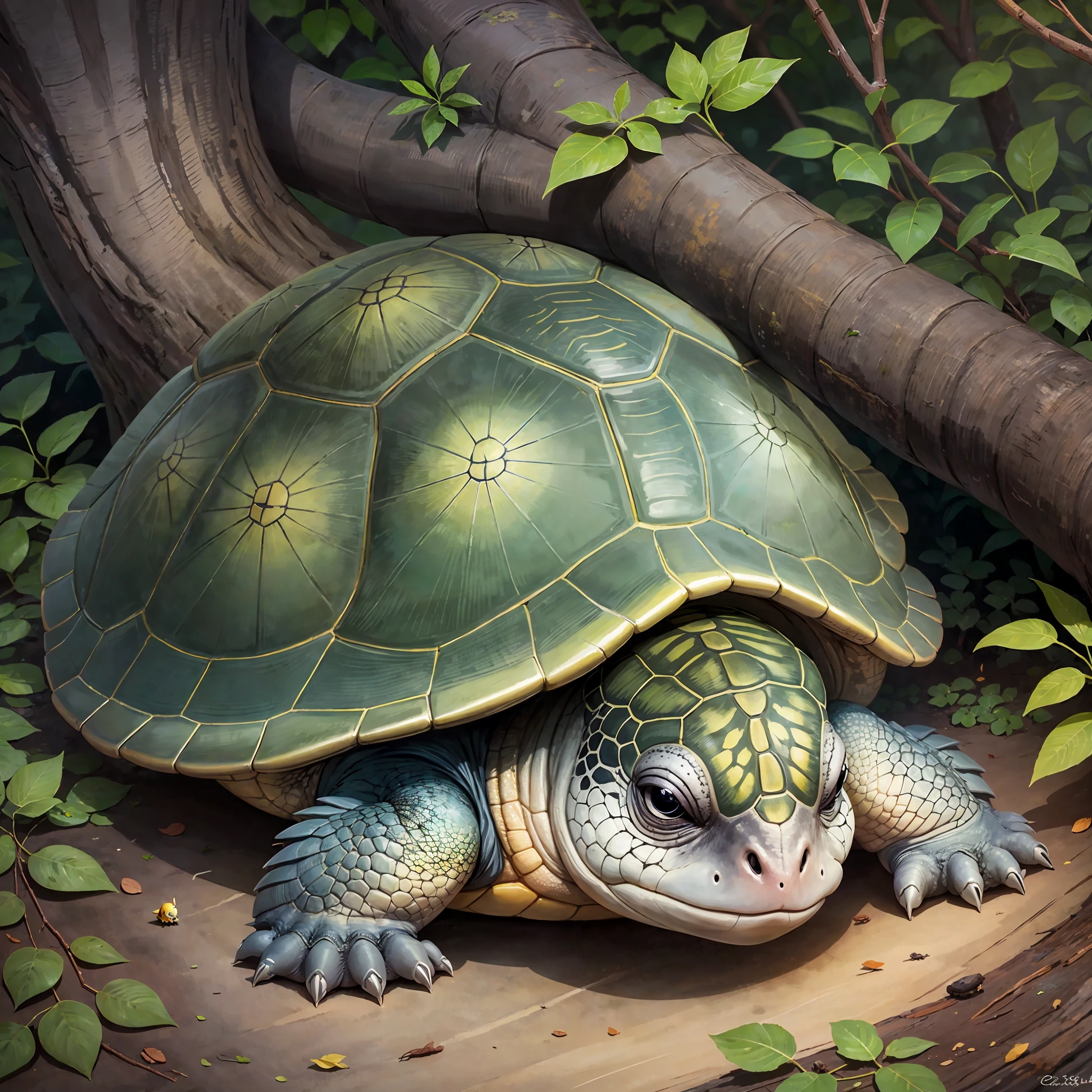 A yellow-edged closed turtle, non-human, cute, under a tree, sleeping, dark style --auto --s2
