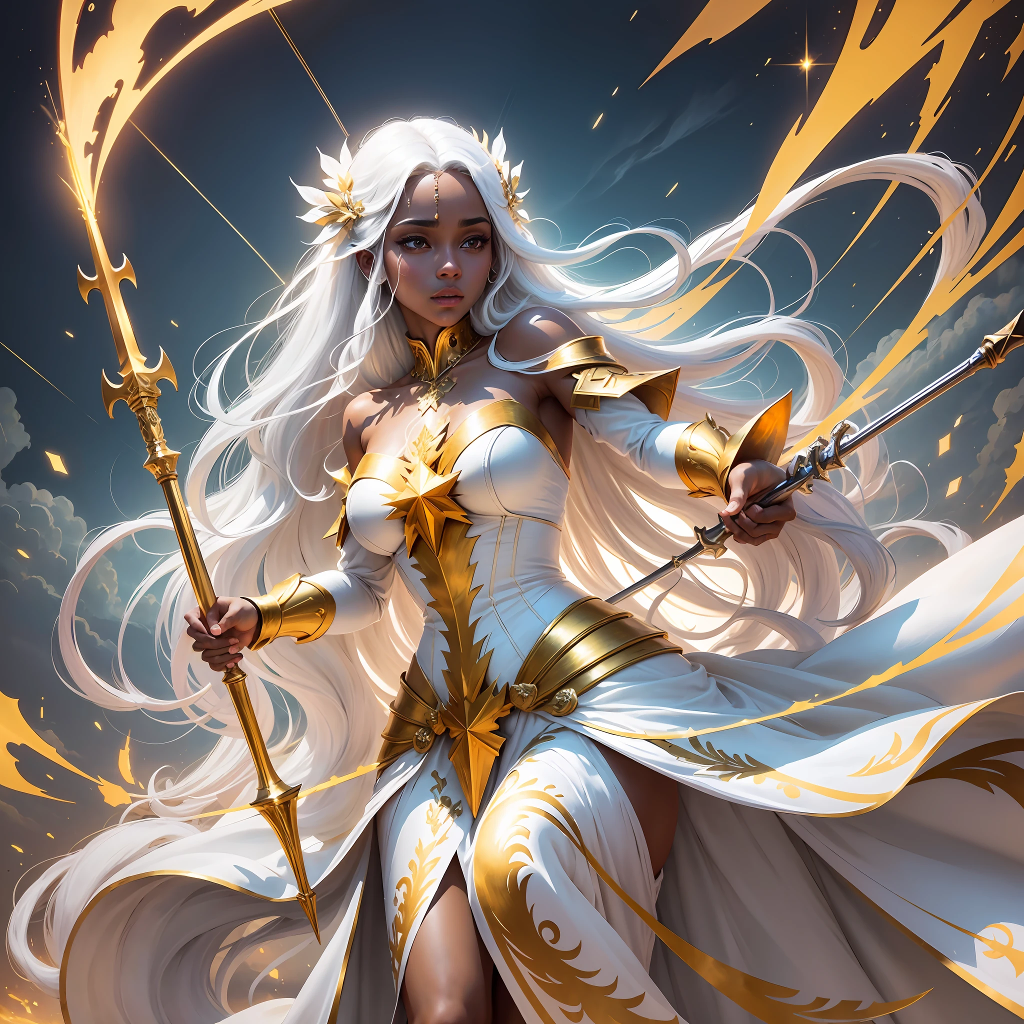 best quality, best definition, best art, artwork, beautiful, painting, white hair, long white hair, perfect hair, long hair, perfect skin, black skin, brown skin, black skin, dress, white long dress, white dress, greek goddess dress, full body, whole body, holding a golden spear, golden ray shaped spear, golden ray, golden spear, gold spear in the shape of a lightning bolt.