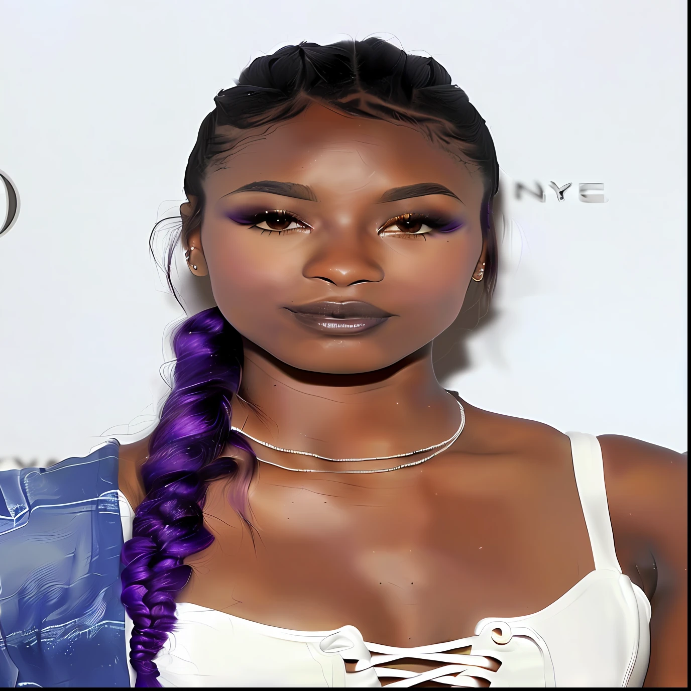 a close up of a woman with purple hair wearing a white top, long braided purple hair, taken in the early 2020s, dark skin tone, purple hue, deep purple hair, with brown skin, purple lipstick, purple skin color, she has olive brown skin, dark skinned, dark black skin tone, dark purple hair, she has purple hair