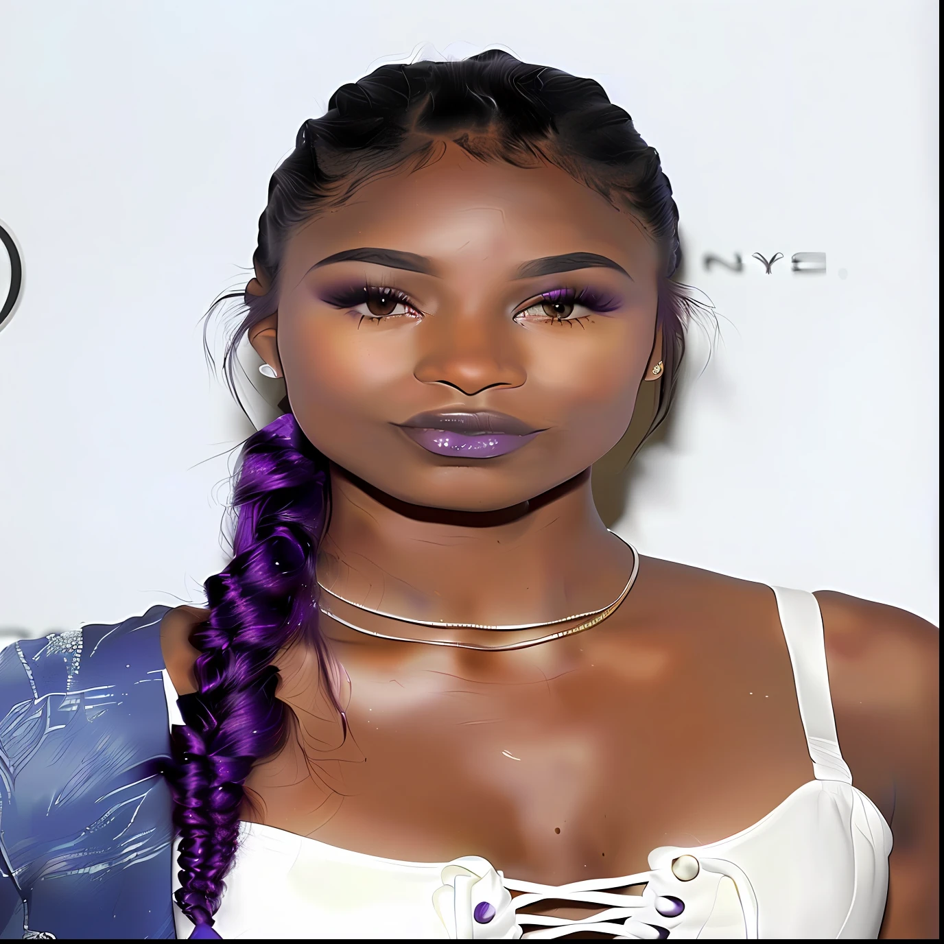 a close up of a woman with purple hair wearing a white top, long braided purple hair, taken in the early 2020s, dark skin tone, purple hue, deep purple hair, with brown skin, purple lipstick, purple skin color, she has olive brown skin, dark skinned, dark black skin tone, dark purple hair, she has purple hair